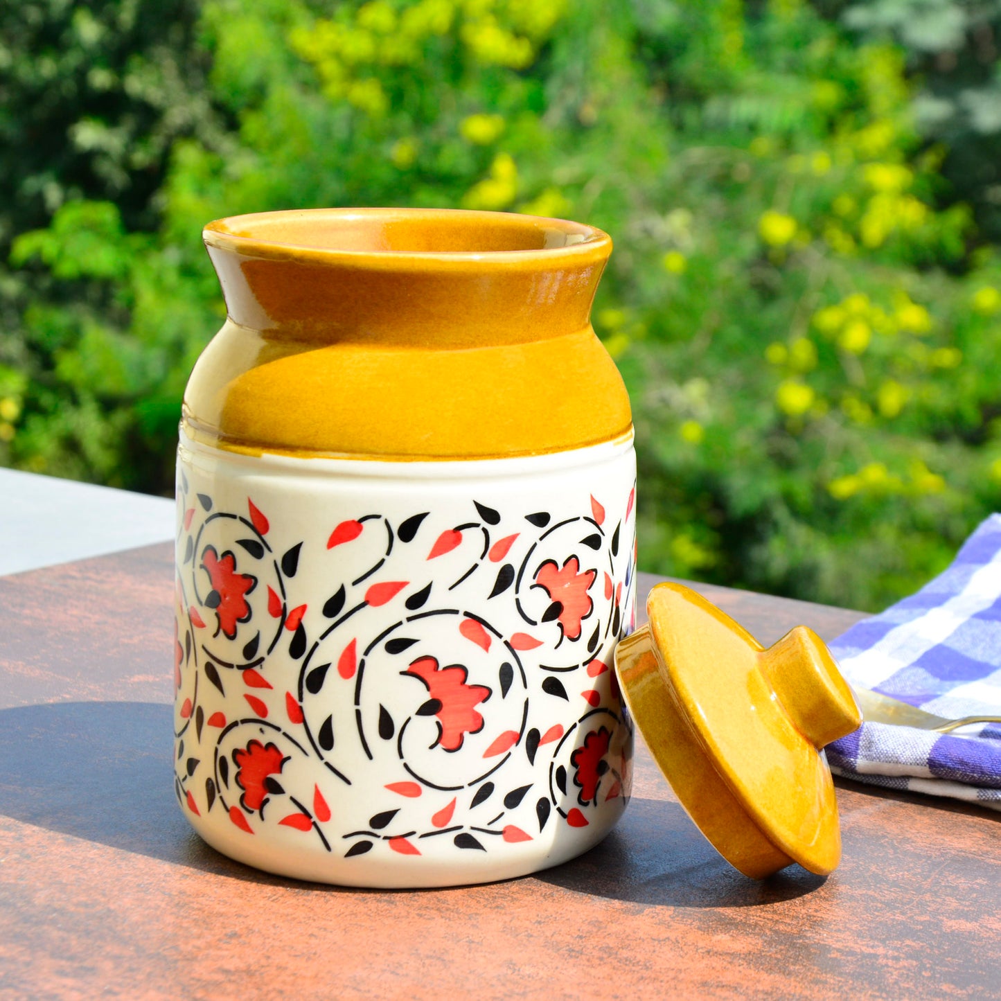 Hand Painted Dual Tone Ceramic Jar with Lid (1200 ml, Sand Yellow, White, Red, Black) - View 3