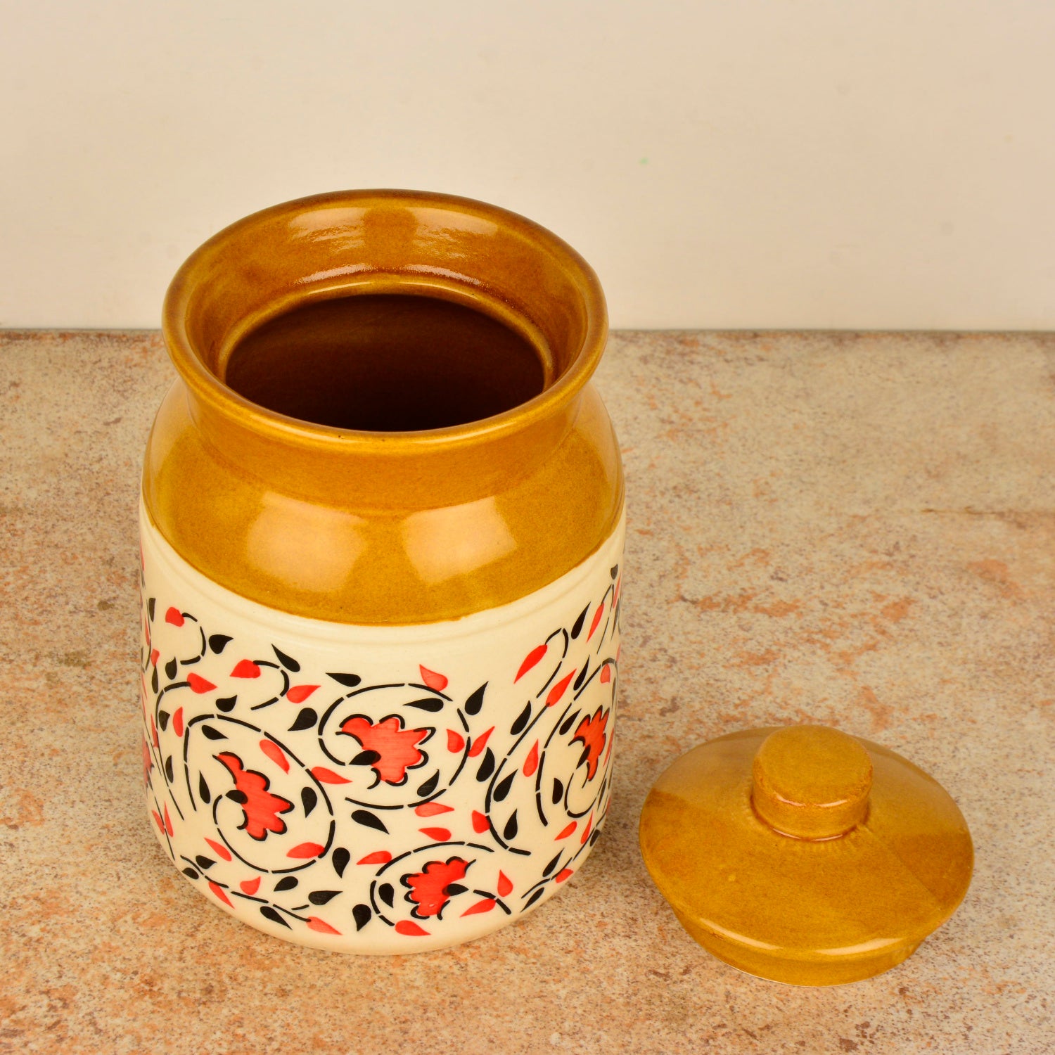 Hand Painted Dual Tone Ceramic Jar with Lid (1200 ml, Sand Yellow, White, Red, Black) - View 4