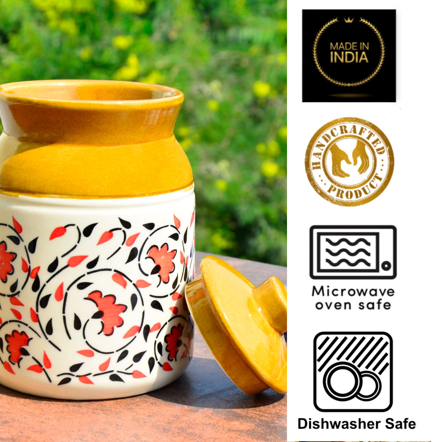 Hand Painted Dual Tone Ceramic Jar with Lid (1200 ml, Sand Yellow, White, Red, Black) - View 5