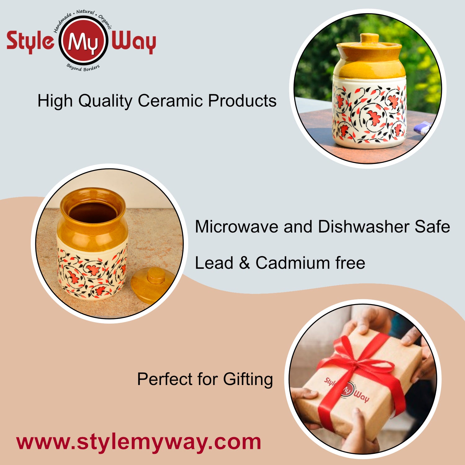 Hand Painted Dual Tone Ceramic Jar with Lid (1200 ml, Sand Yellow, White, Red, Black) - View 6