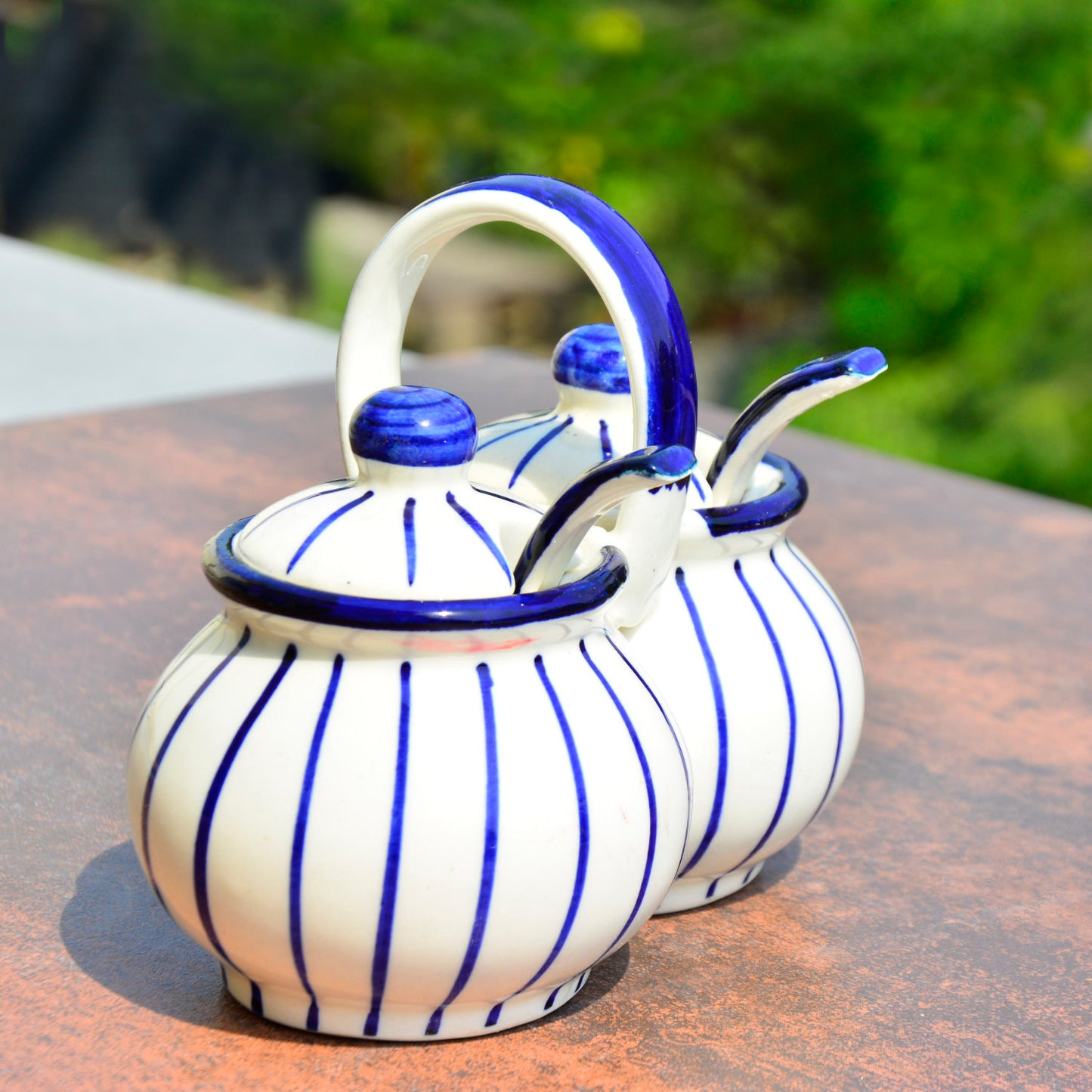 Hand Painted Rounded Ceramic Pickle Jar Set with Lid & Spoon (White and Blue) - View 3