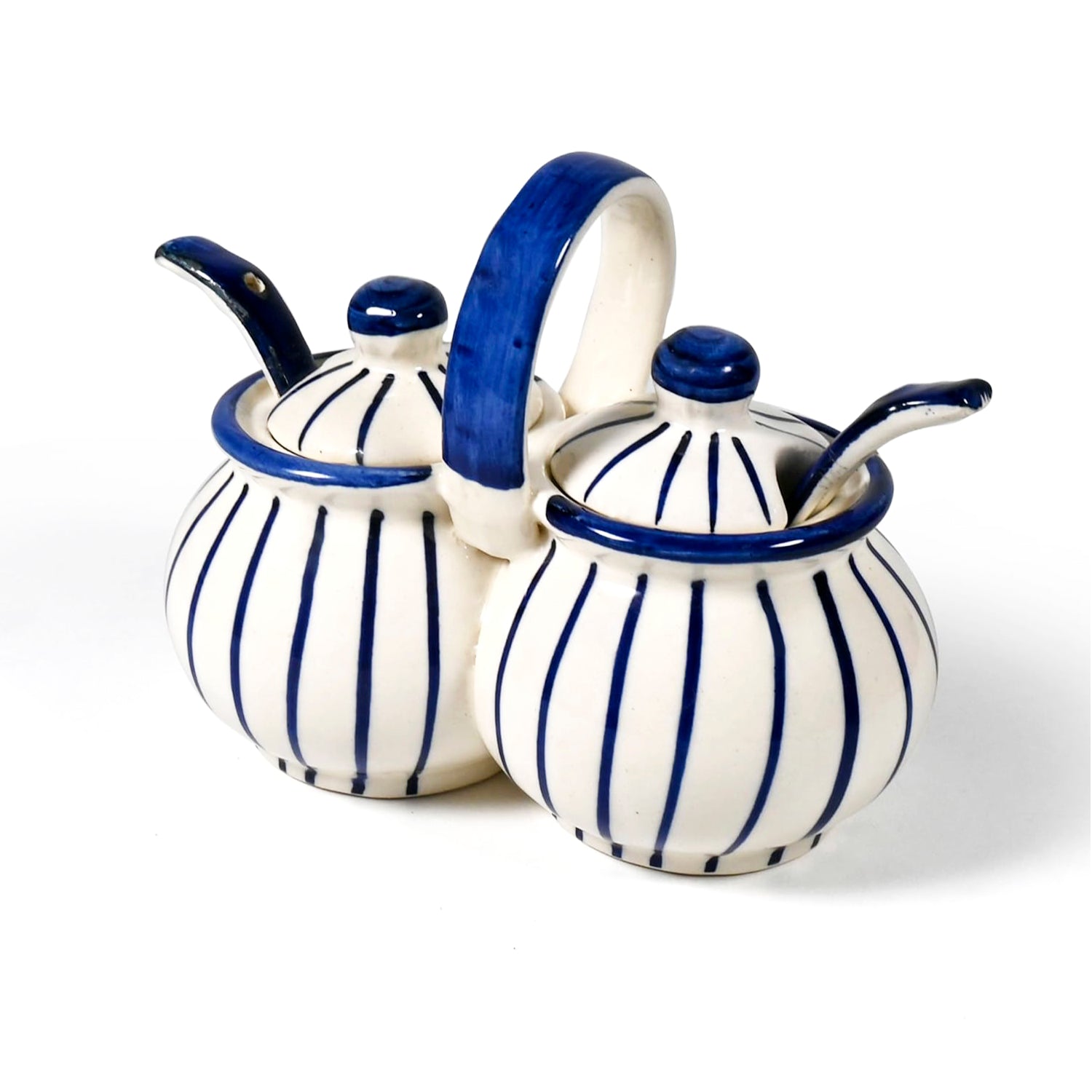 Hand Painted Rounded Ceramic Pickle Jar Set with Lid & Spoon (White and Blue) - View 4