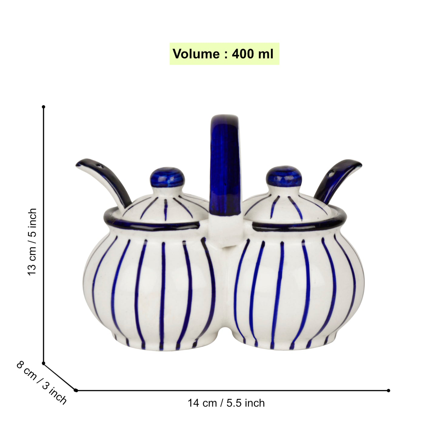 Hand Painted Rounded Ceramic Pickle Jar Set with Lid & Spoon (White and Blue) - View 2