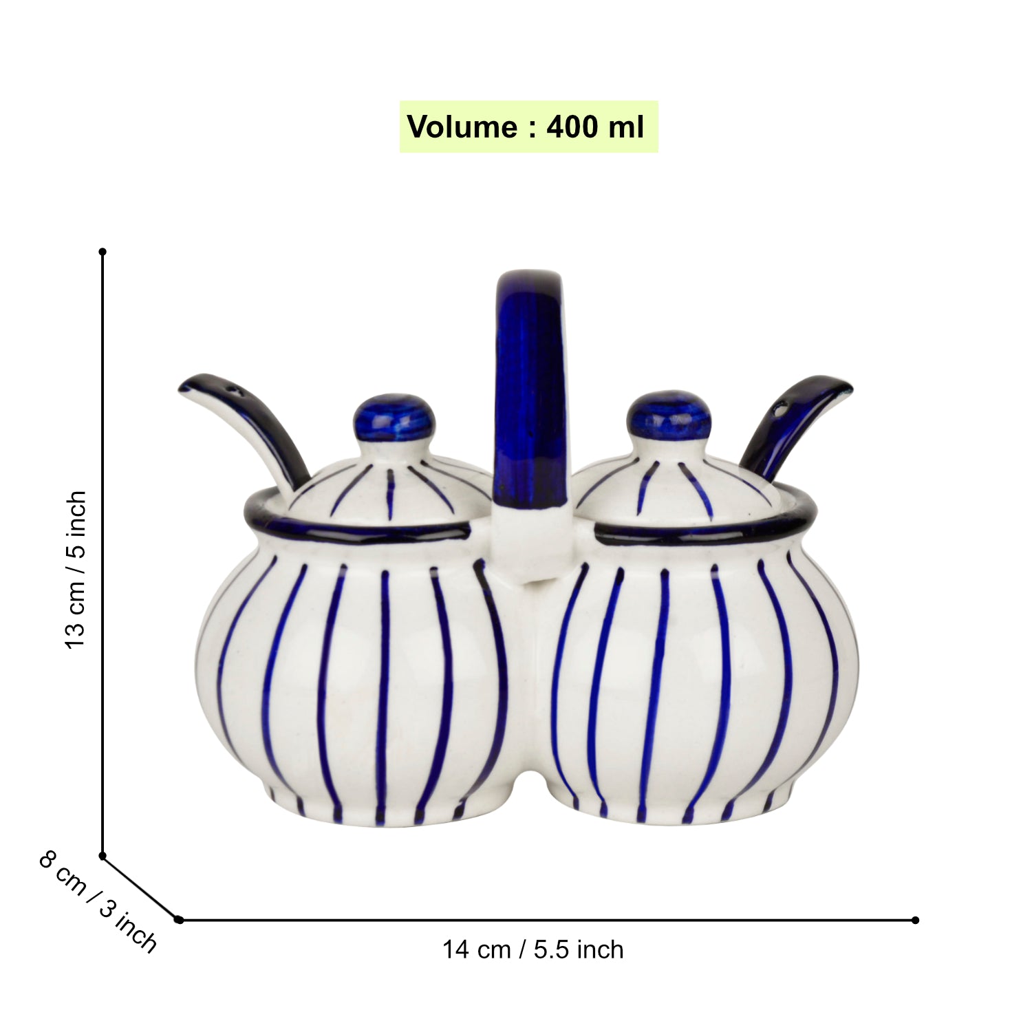 Hand Painted Rounded Ceramic Pickle Jar Set with Lid & Spoon (White and Blue) - View 2