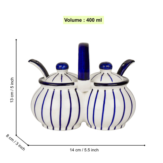 Hand Painted Rounded Ceramic Pickle Jar Set with Lid & Spoon (White and Blue) - View 2