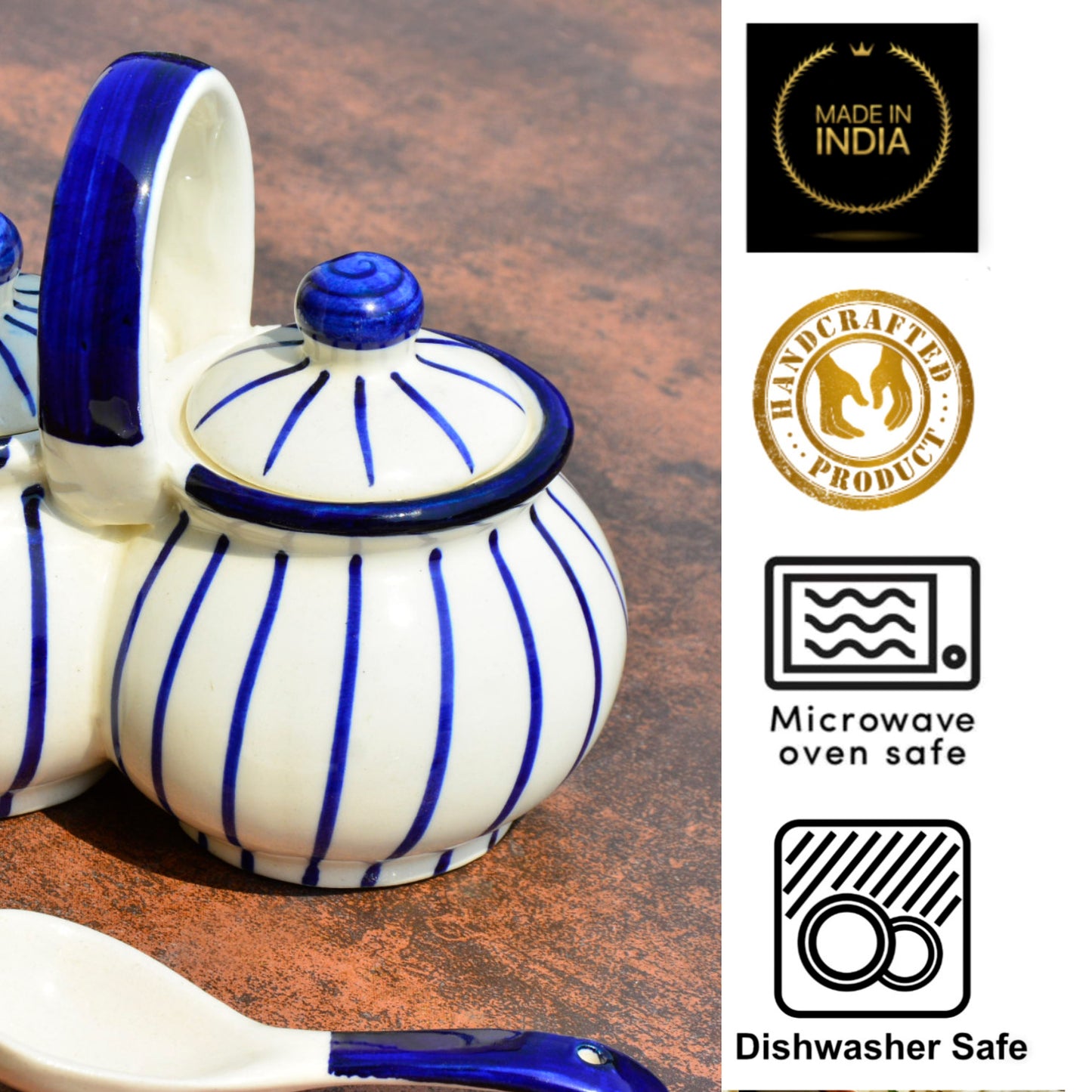 Hand Painted Rounded Ceramic Pickle Jar Set with Lid & Spoon (White and Blue) - View 5