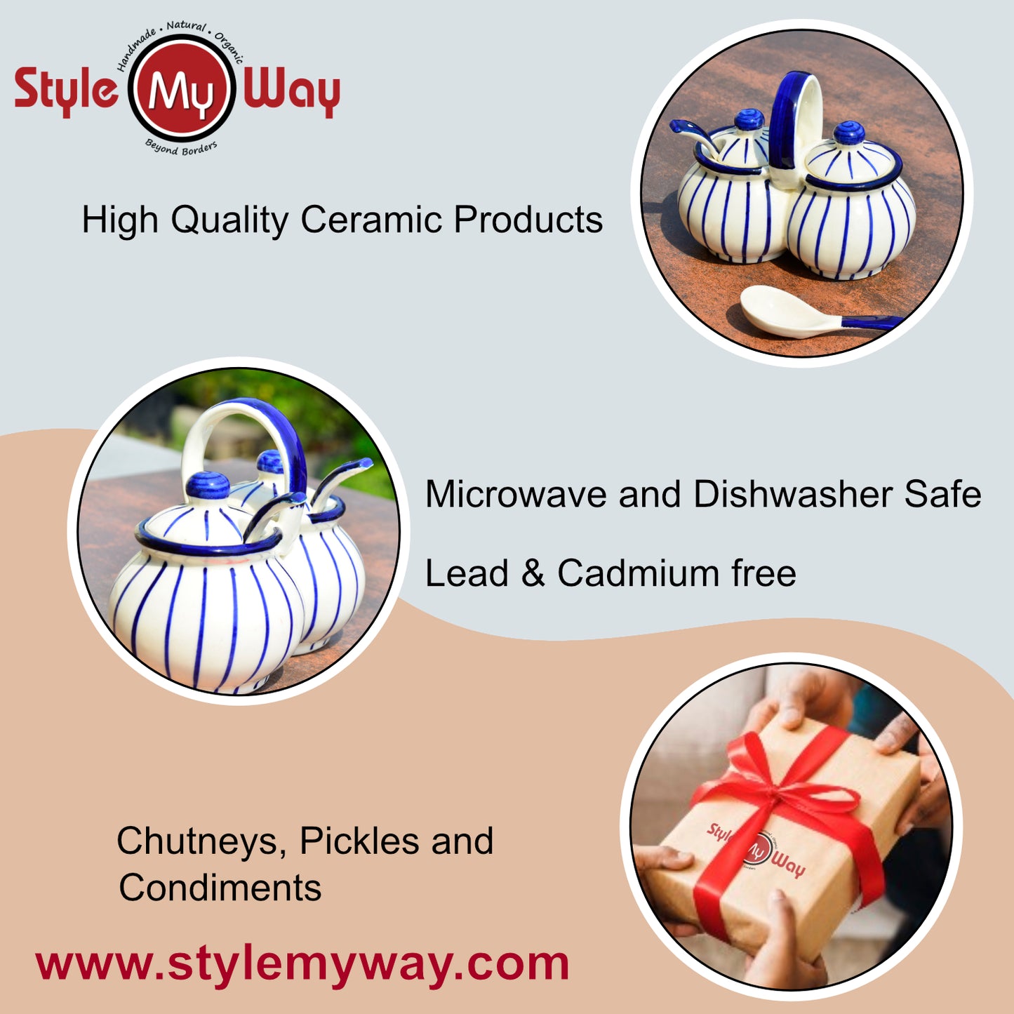 Hand Painted Rounded Ceramic Pickle Jar Set with Lid & Spoon (White and Blue) - View 6