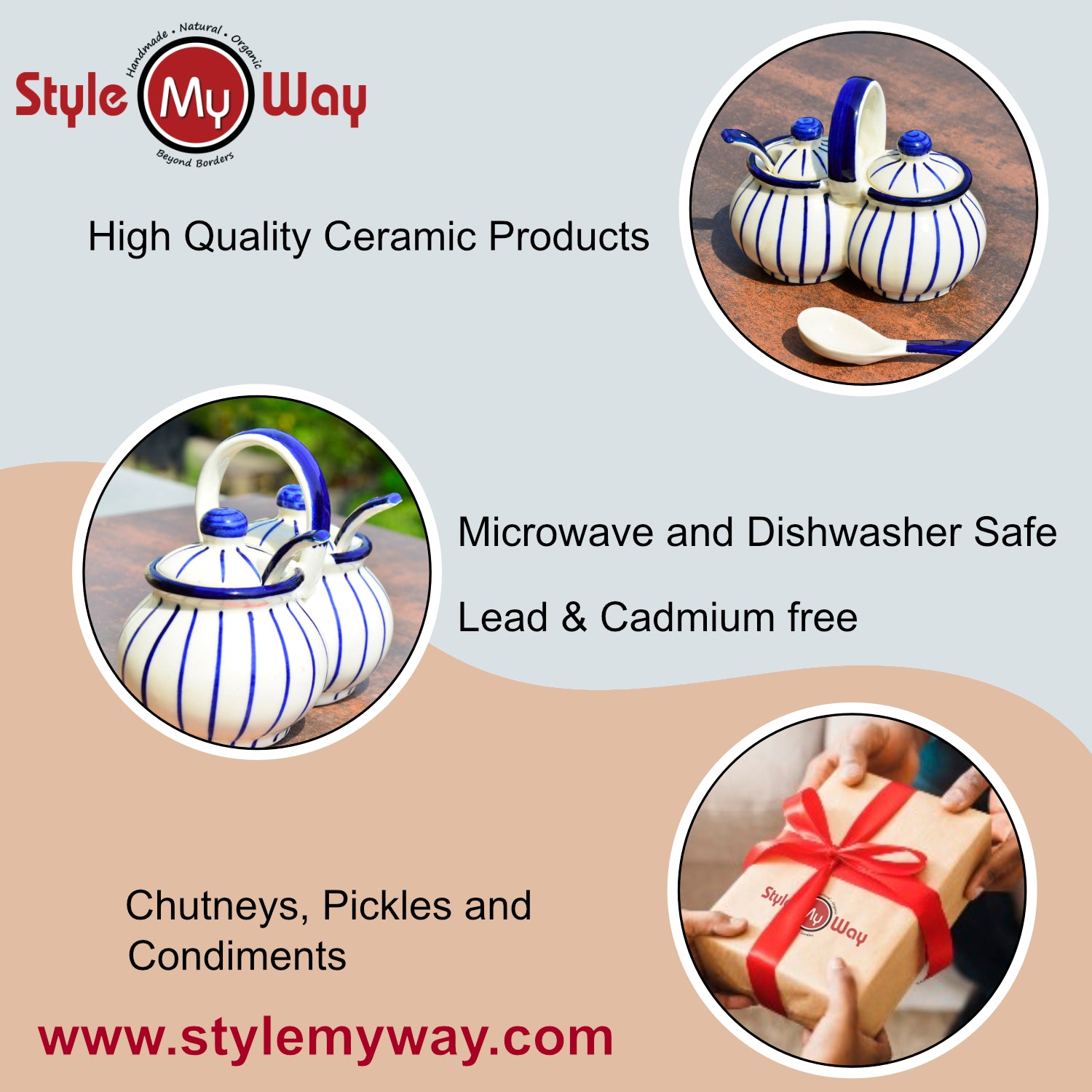 Hand Painted Rounded Ceramic Pickle Jar Set with Lid & Spoon (White and Blue) - View 6