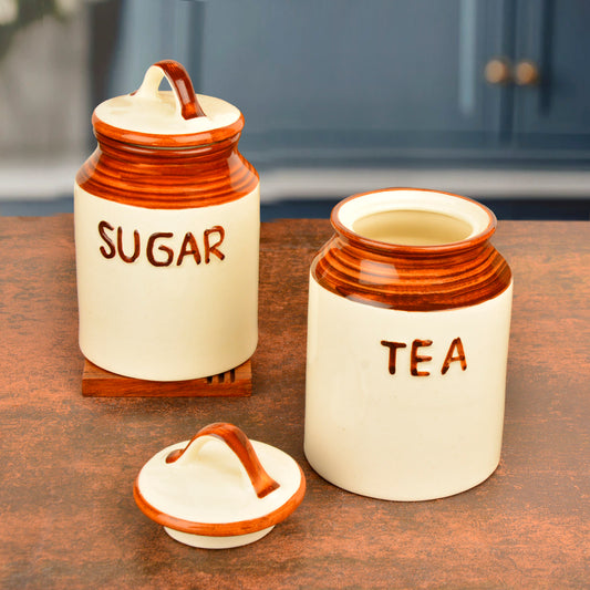 Traditional Dual Tone Ceramic Jar Set with Lid for Tea & Sugar (Set of 2, Sand Yellow & White, 500 ml each)
