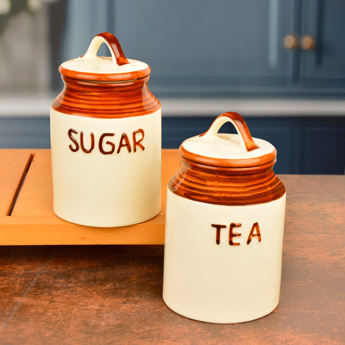 Traditional Dual Tone Ceramic Jar Set with Lid for Tea & Sugar (Set of 2, Sand Yellow & White, 500 ml each) - View 3