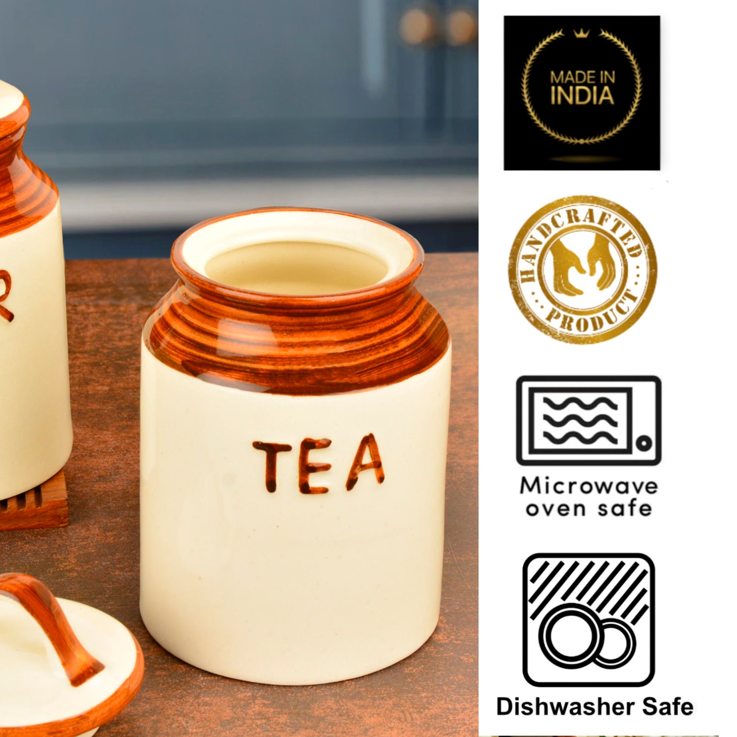 Traditional Dual Tone Ceramic Jar Set with Lid for Tea & Sugar (Set of 2, Sand Yellow & White, 500 ml each) - View 4