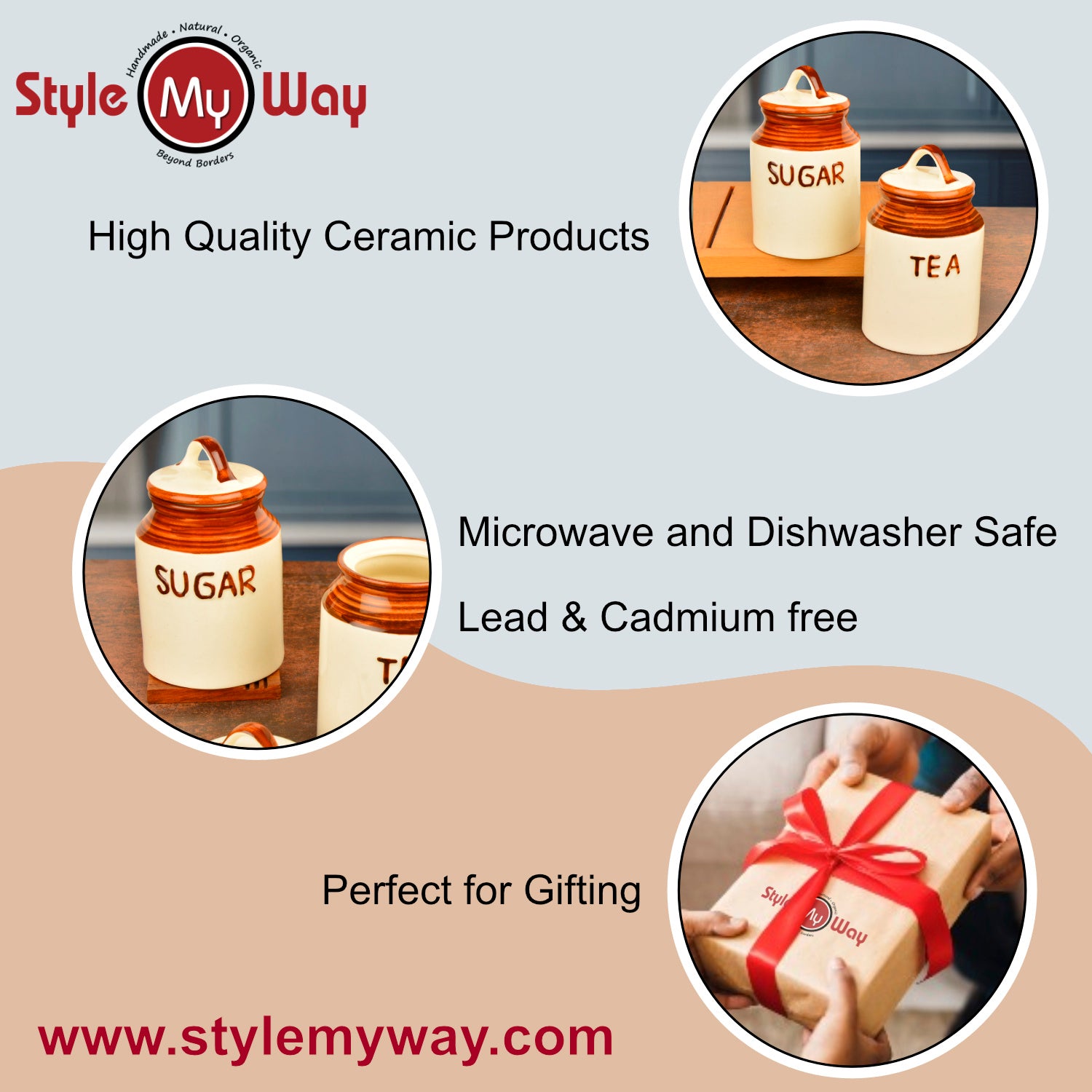 Traditional Dual Tone Ceramic Jar Set with Lid for Tea & Sugar (Set of 2, Sand Yellow & White, 500 ml each) - View 5