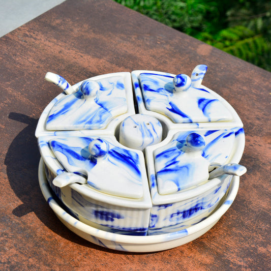 Handpainted Ceramic Pickle Serving Jar Set with Salt Dispenser (4 Jars with Lid and Spoon, 1 Salt Dispenser and Tray, Blue Marble)