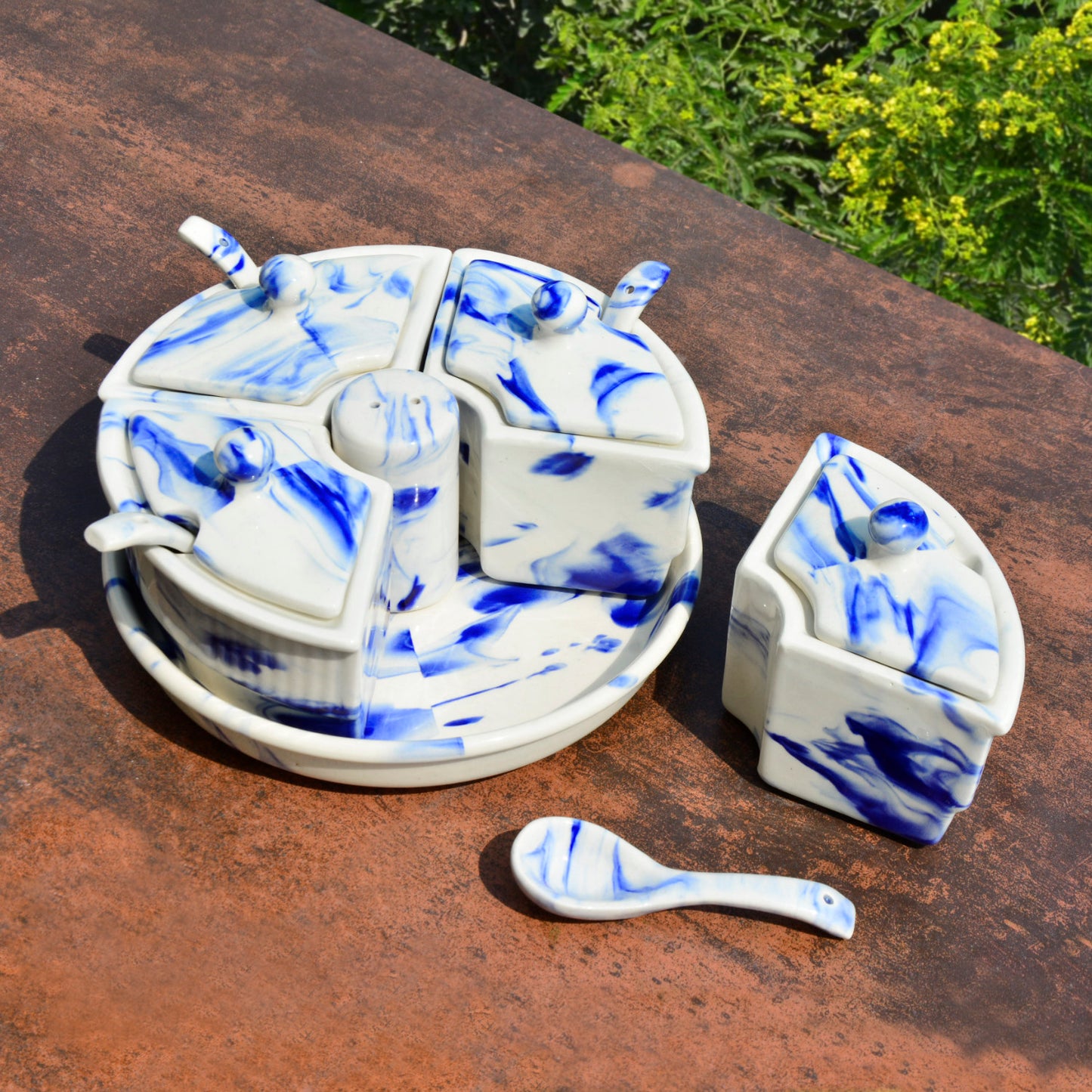 Handpainted Ceramic Pickle Serving Jar Set with Salt Dispenser (4 Jars with Lid and Spoon, 1 Salt Dispenser and Tray, Blue Marble) - View 3