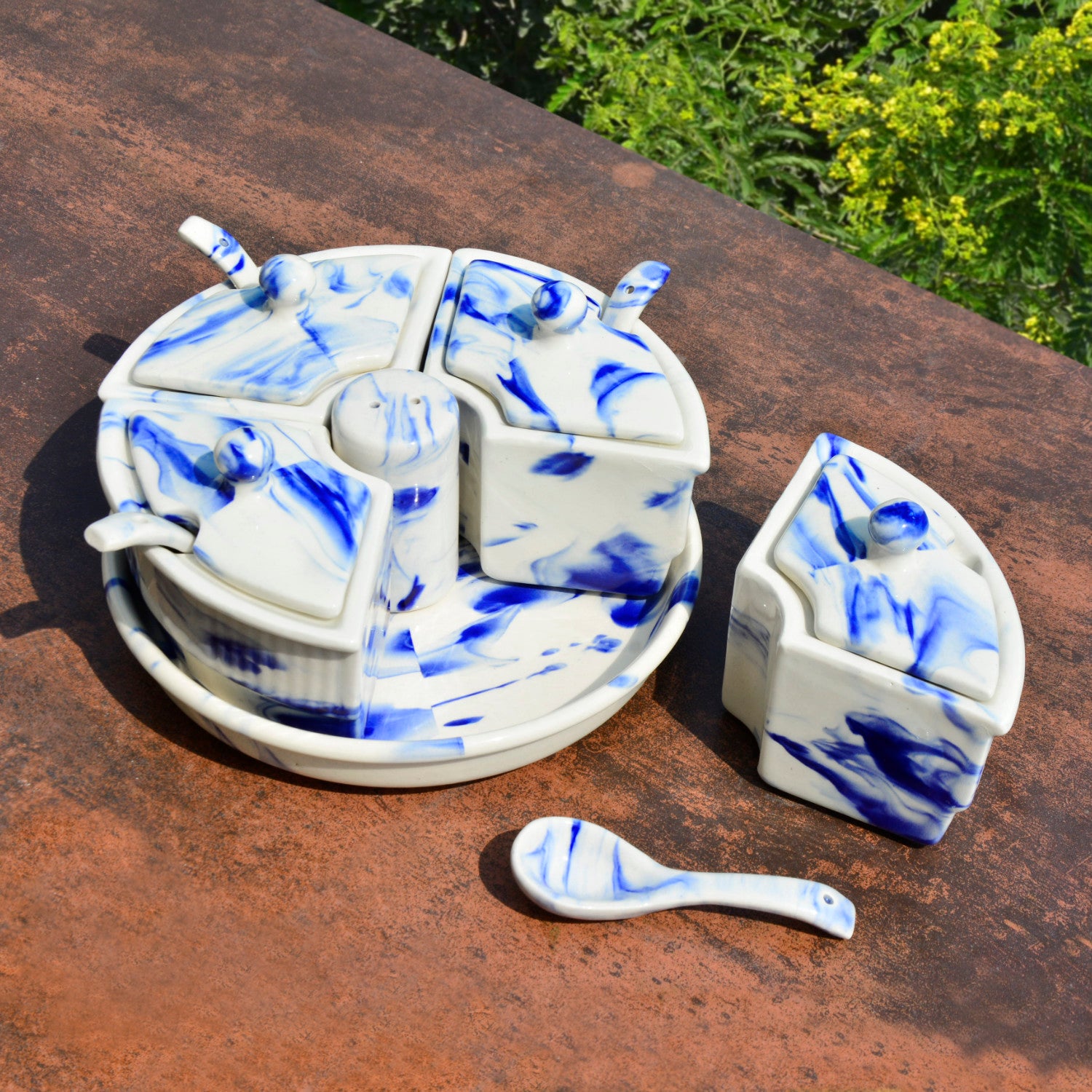 Handpainted Ceramic Pickle Serving Jar Set with Salt Dispenser (4 Jars with Lid and Spoon, 1 Salt Dispenser and Tray, Blue Marble) - View 3