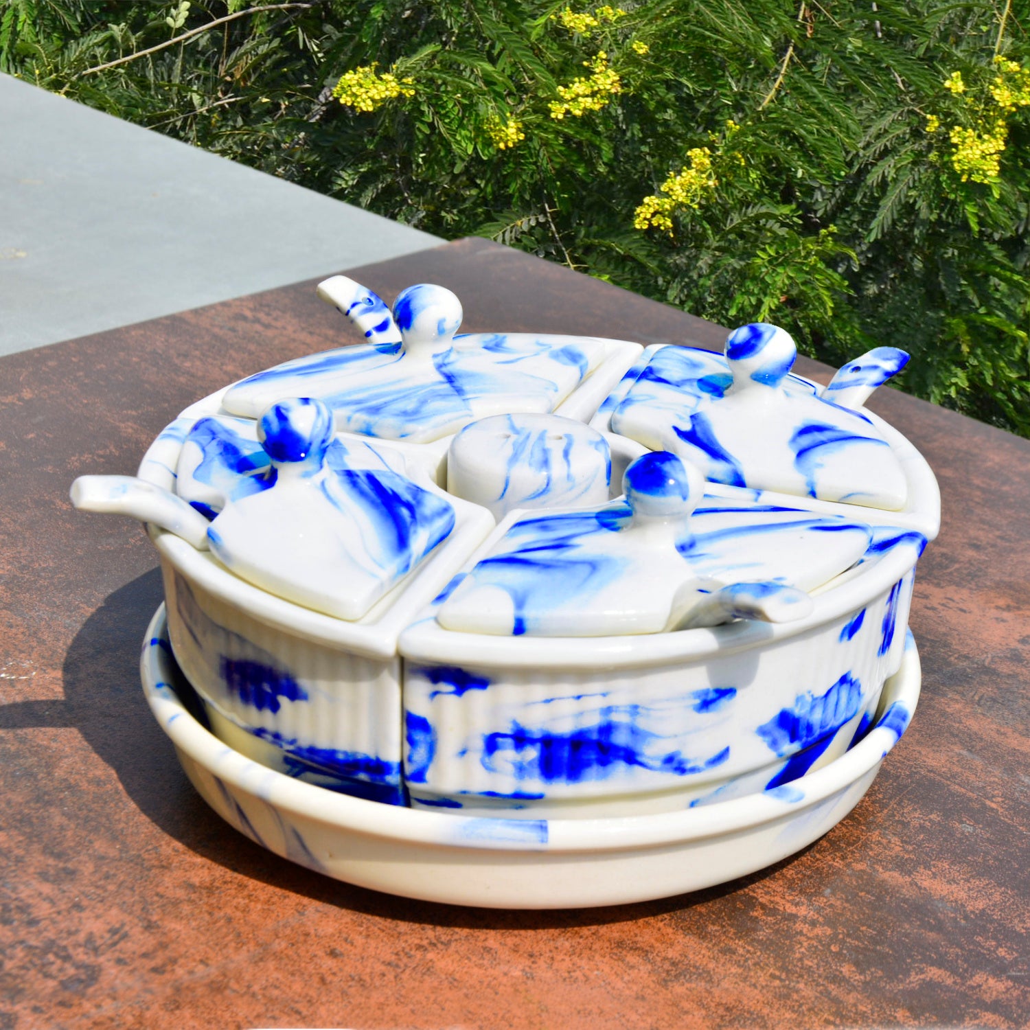 Handpainted Ceramic Pickle Serving Jar Set with Salt Dispenser (4 Jars with Lid and Spoon, 1 Salt Dispenser and Tray, Blue Marble) - View 4