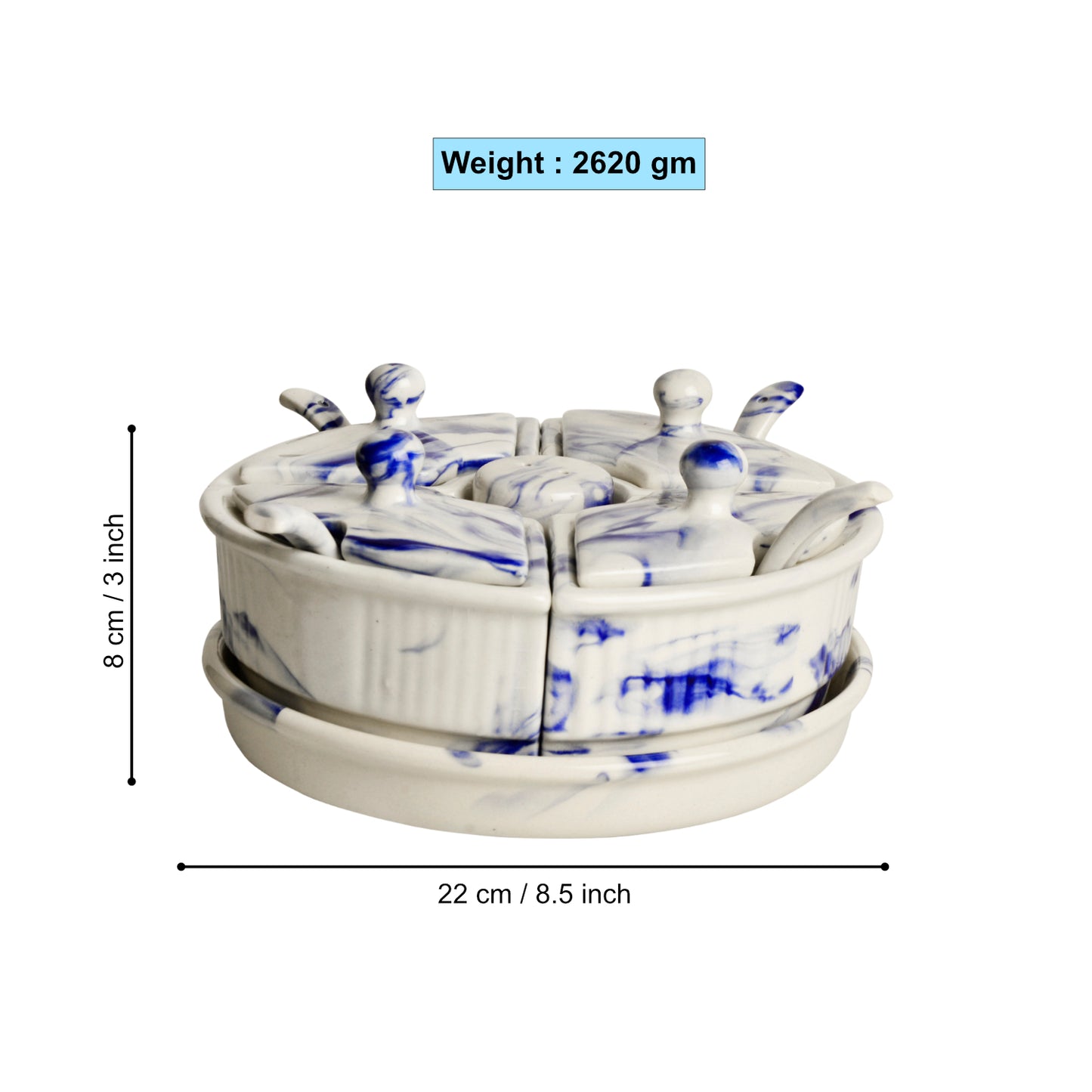 Handpainted Ceramic Pickle Serving Jar Set with Salt Dispenser (4 Jars with Lid and Spoon, 1 Salt Dispenser and Tray, Blue Marble) - View 2