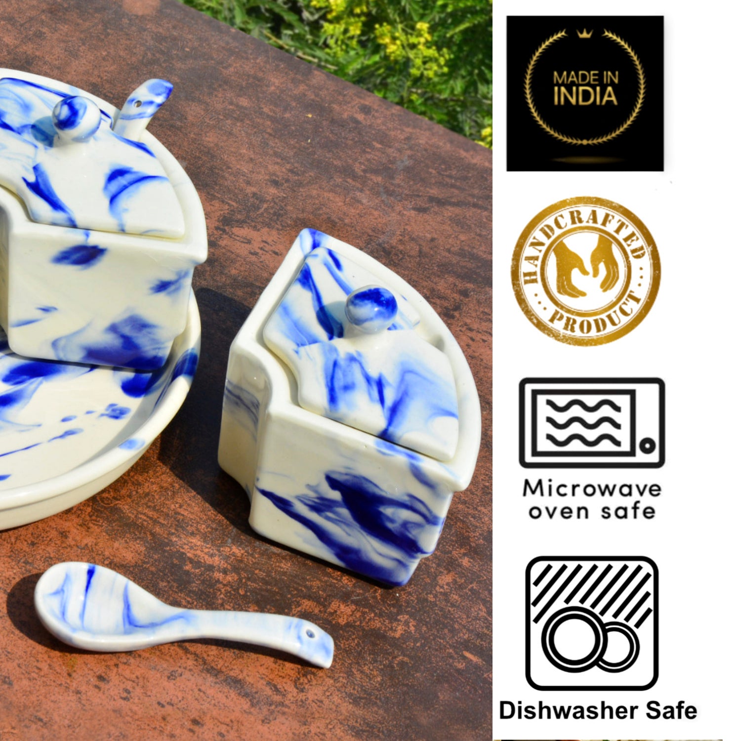 Handpainted Ceramic Pickle Serving Jar Set with Salt Dispenser (4 Jars with Lid and Spoon, 1 Salt Dispenser and Tray, Blue Marble) - View 5