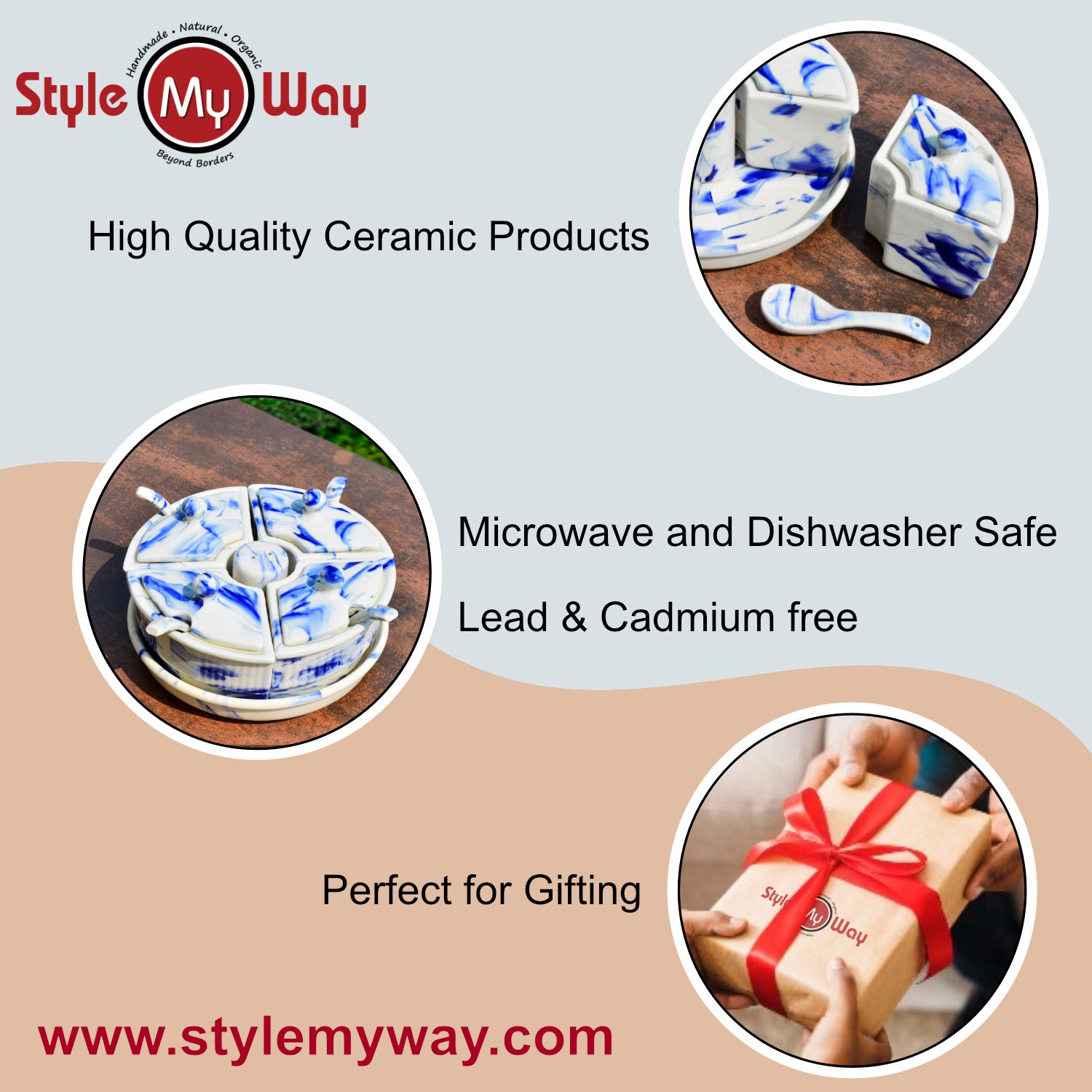 Handpainted Ceramic Pickle Serving Jar Set with Salt Dispenser (4 Jars with Lid and Spoon, 1 Salt Dispenser and Tray, Blue Marble) - View 6