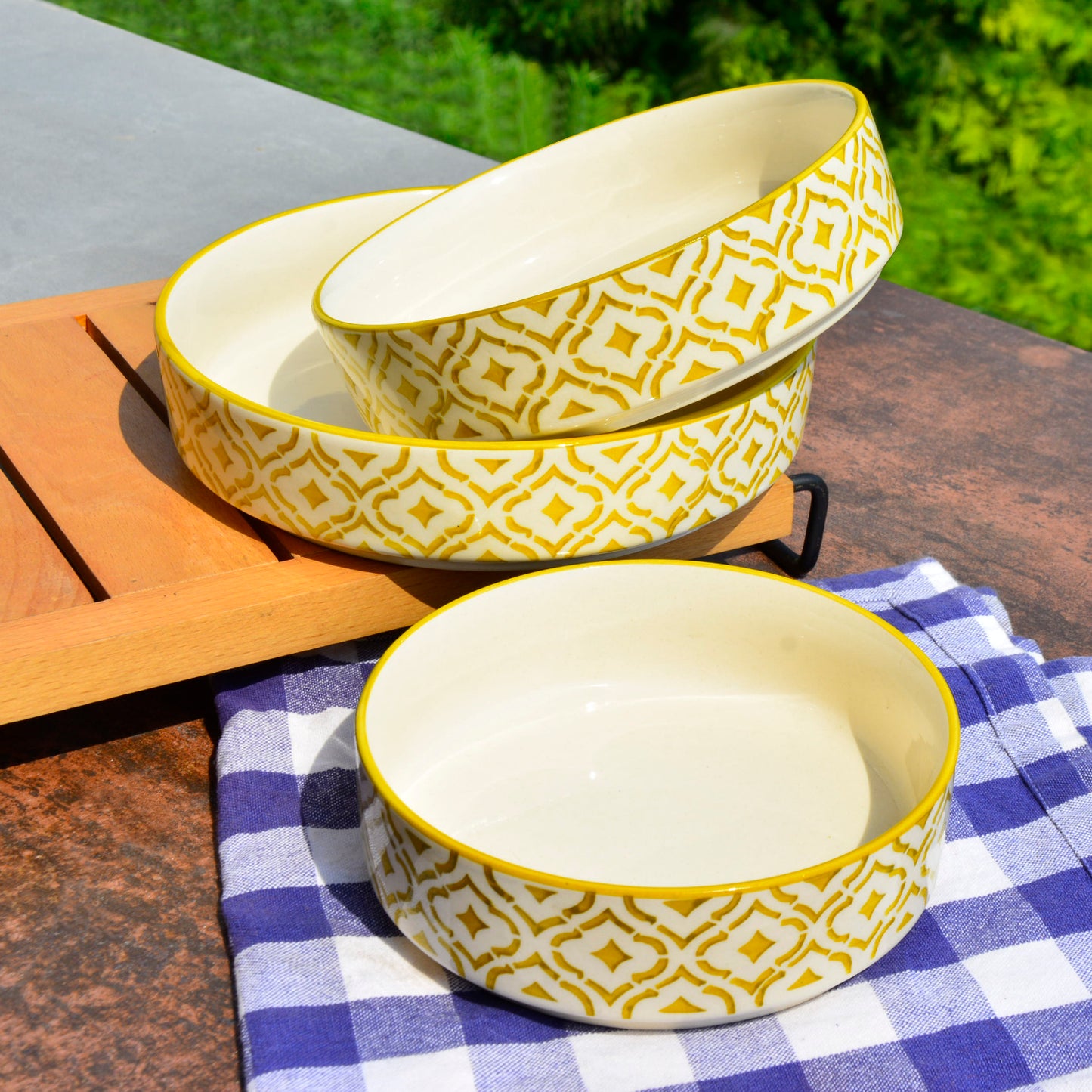 Hand-Painted Ceramic Salad Serving Trays (Set of 3, Yellow & White, Diameter – 19 cm, 17 cm & 15 cm)
