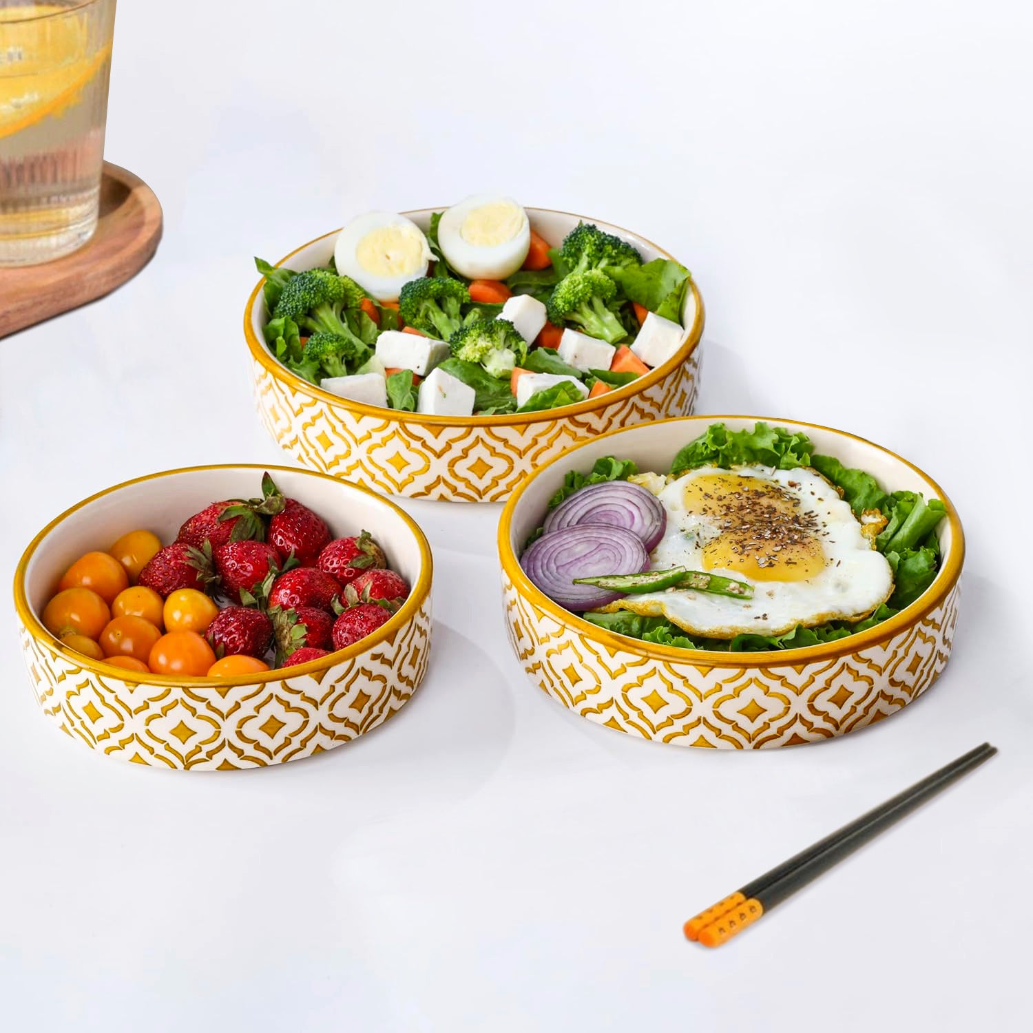 Hand-Painted Ceramic Salad Serving Trays (Set of 3, Yellow & White, Diameter – 19 cm, 17 cm & 15 cm) - View 3