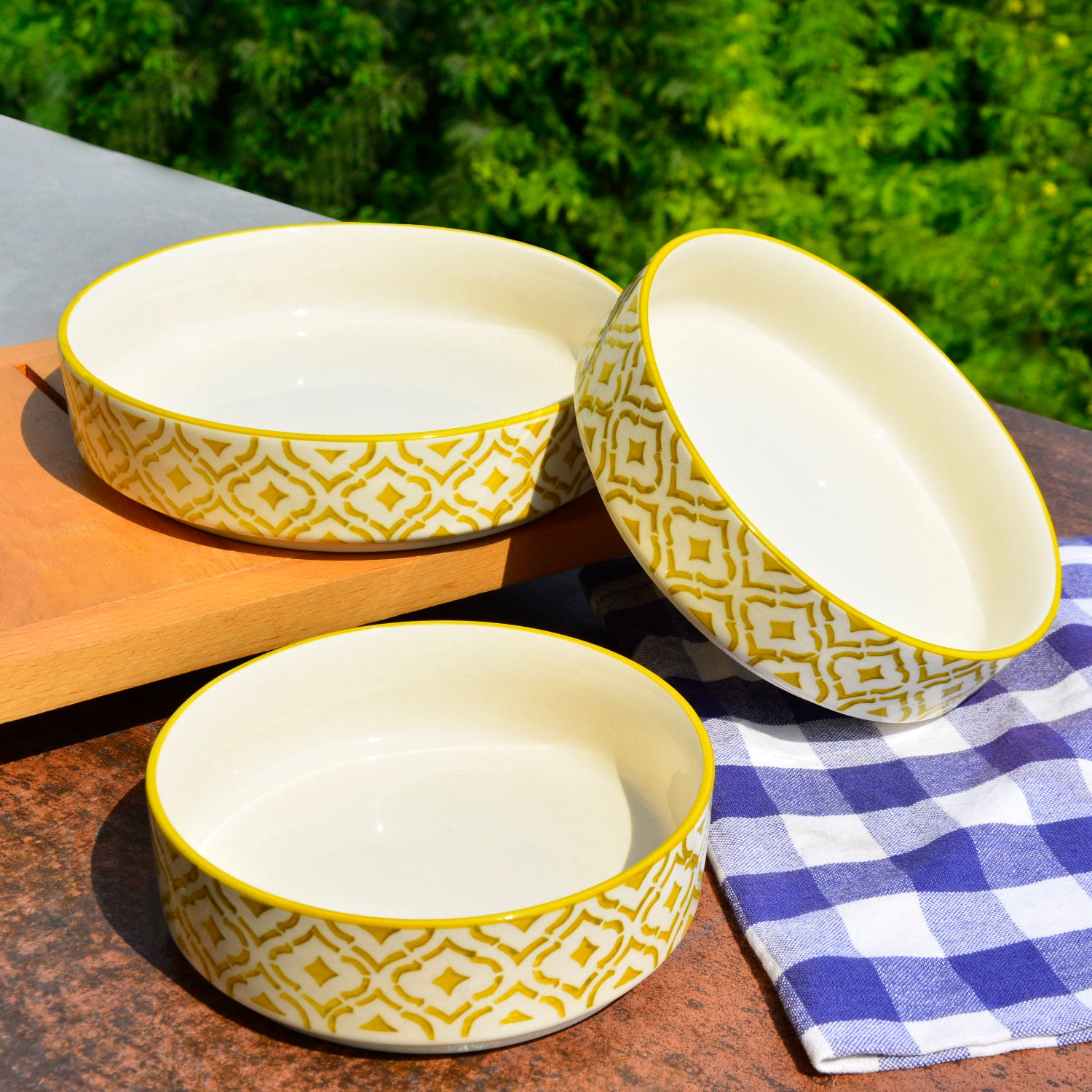 Hand-Painted Ceramic Salad Serving Trays (Set of 3, Yellow & White, Diameter – 19 cm, 17 cm & 15 cm) - View 4