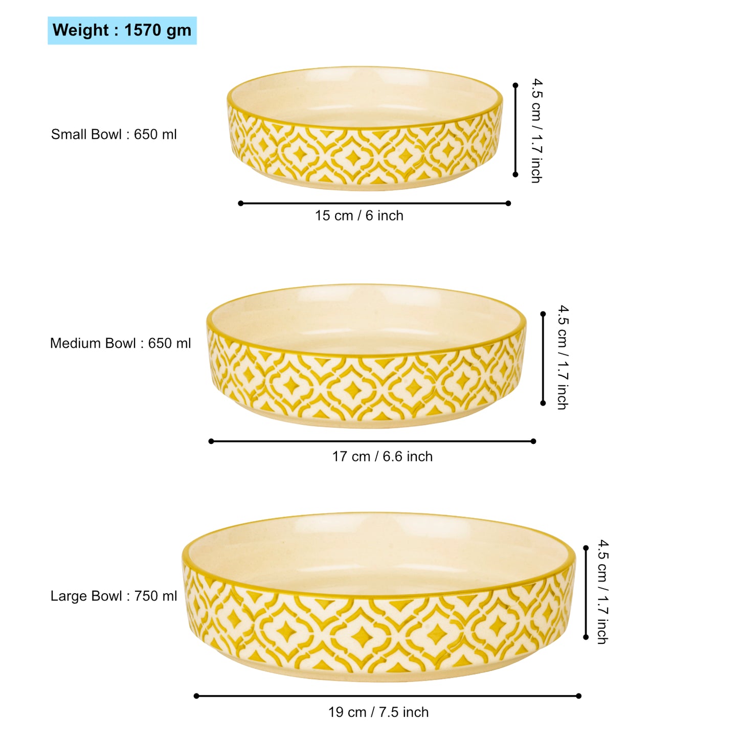 Hand-Painted Ceramic Salad Serving Trays (Set of 3, Yellow & White, Diameter – 19 cm, 17 cm & 15 cm) - View 2