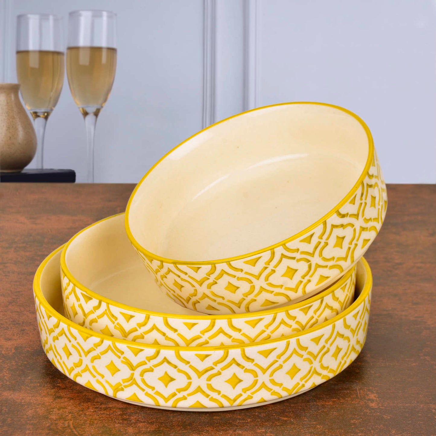 Hand-Painted Ceramic Salad Serving Trays (Set of 3, Yellow & White, Diameter – 19 cm, 17 cm & 15 cm) - View 5