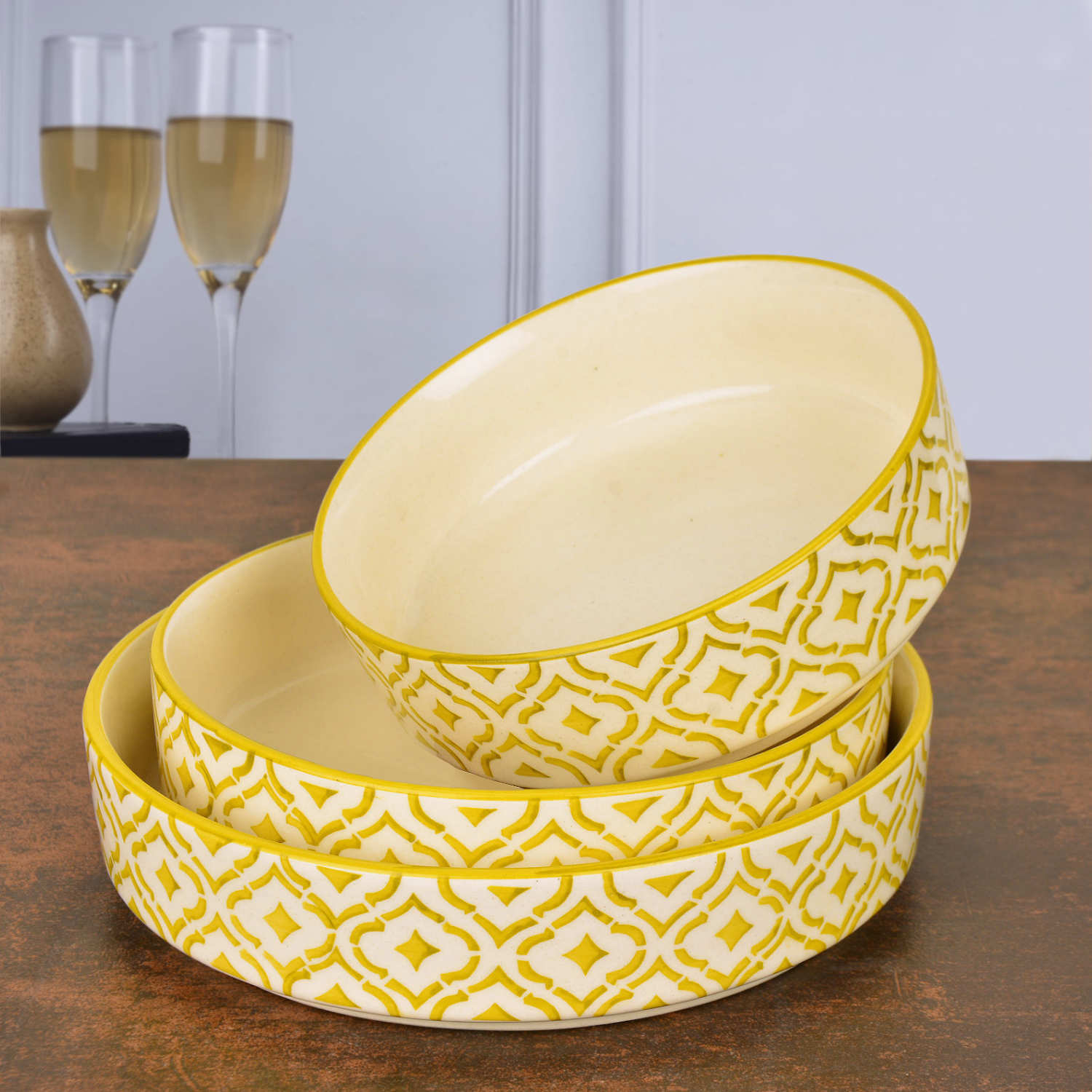 Hand-Painted Ceramic Salad Serving Trays (Set of 3, Yellow & White, Diameter – 19 cm, 17 cm & 15 cm) - View 5