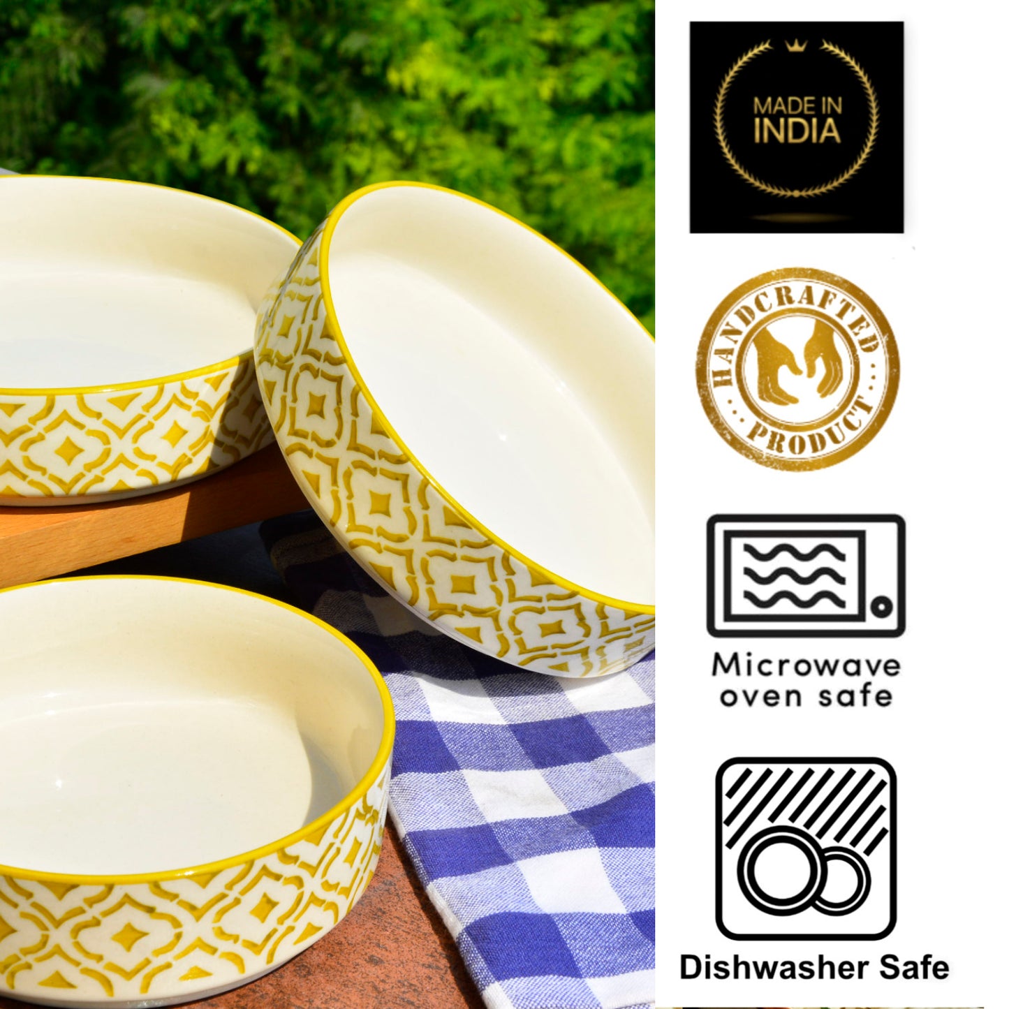 Hand-Painted Ceramic Salad Serving Trays (Set of 3, Yellow & White, Diameter – 19 cm, 17 cm & 15 cm) - View 6