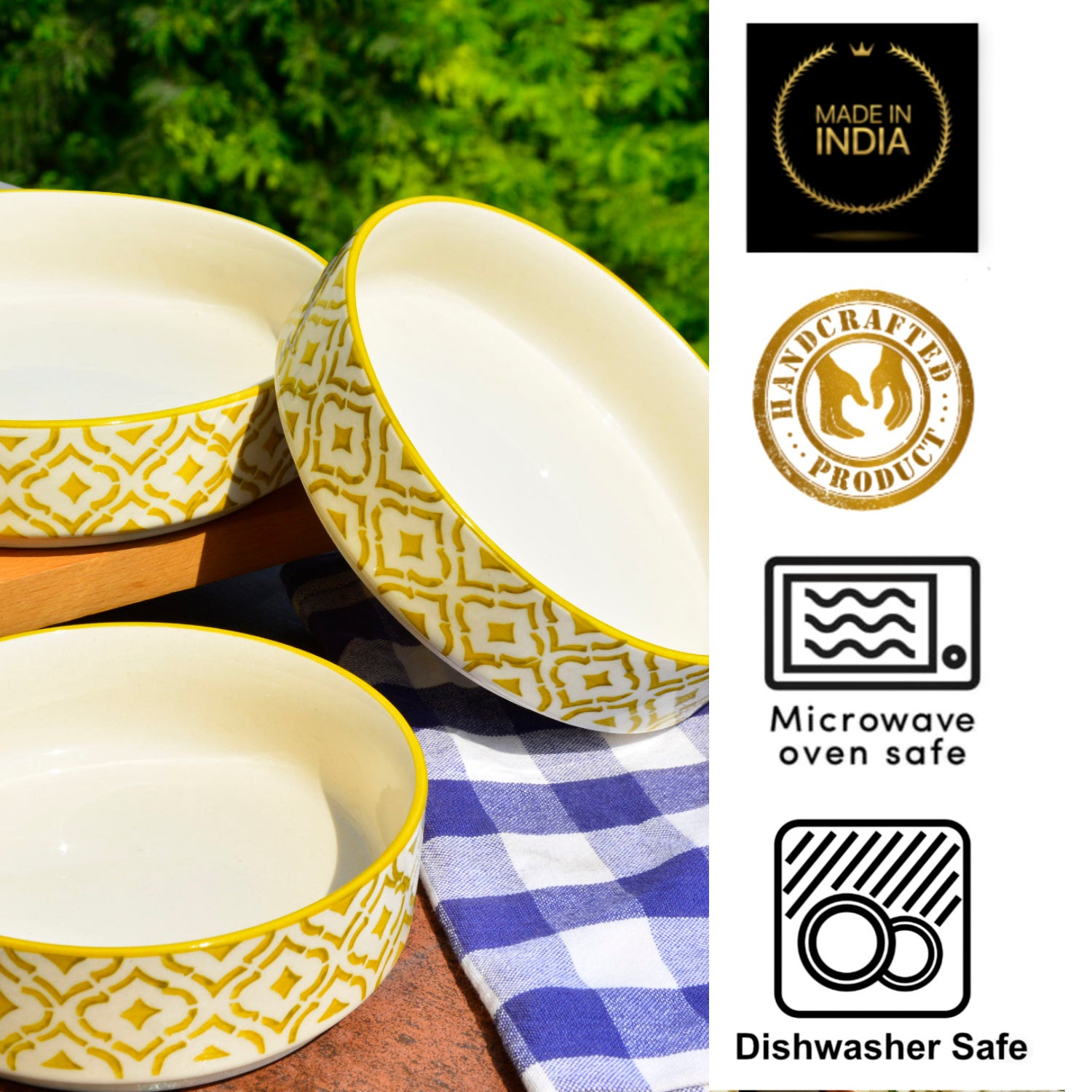 Hand-Painted Ceramic Salad Serving Trays (Set of 3, Yellow & White, Diameter – 19 cm, 17 cm & 15 cm) - View 6