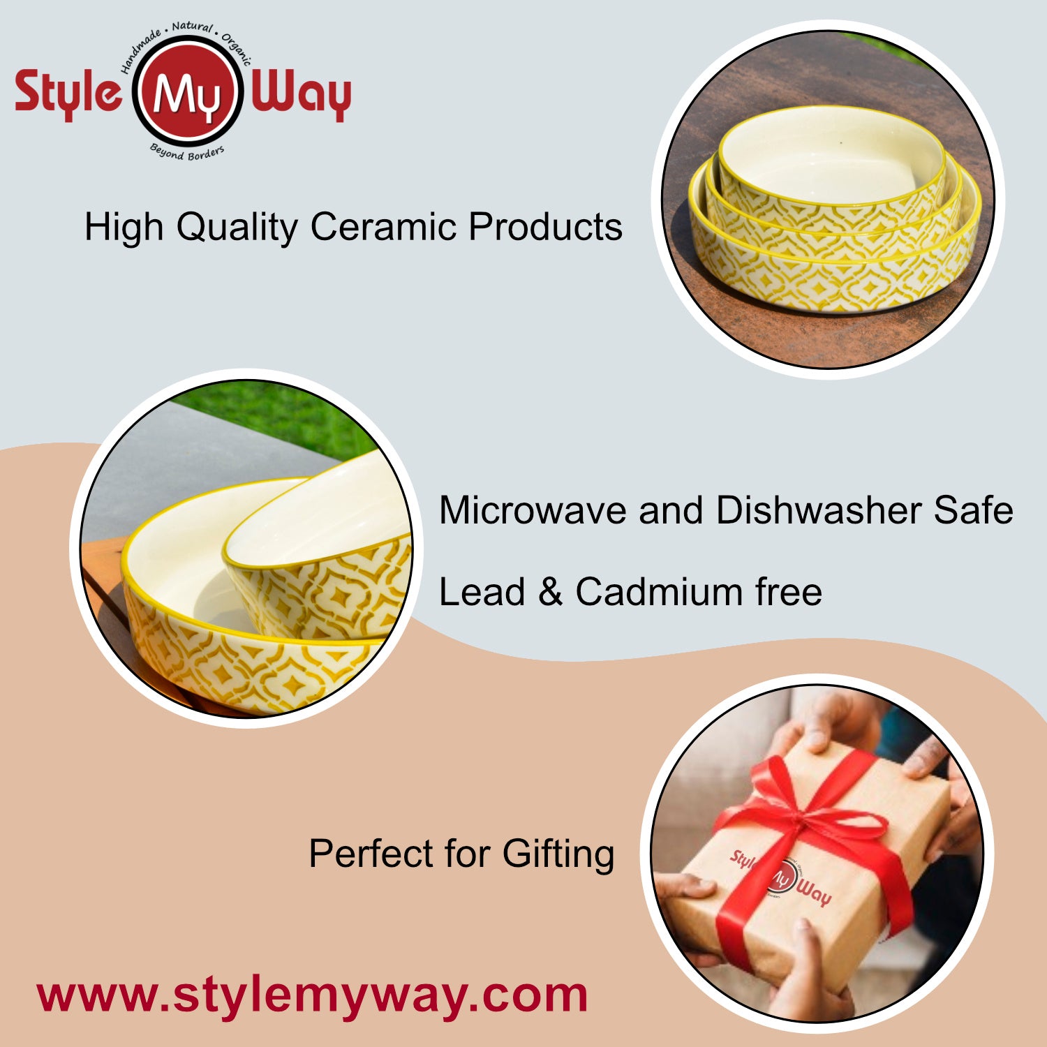 Hand-Painted Ceramic Salad Serving Trays (Set of 3, Yellow & White, Diameter – 19 cm, 17 cm & 15 cm) - View 7