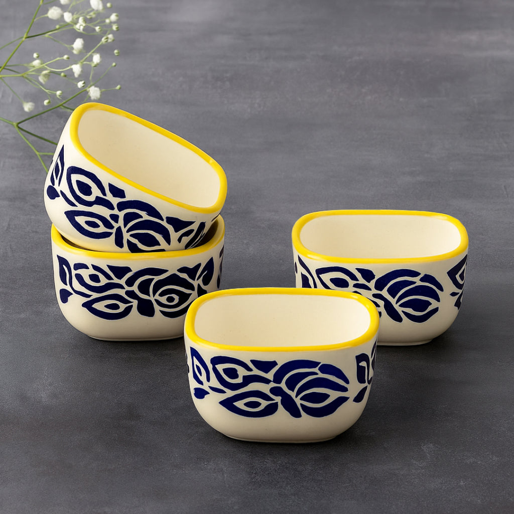 Hand-Painted Square Ceramic Dip Bowls (50 ml, Blue & Yellow, Set of 4)