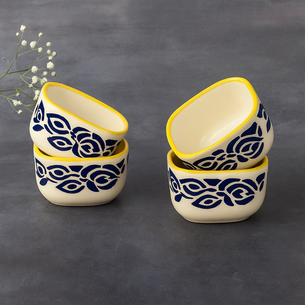 Hand-Painted Square Ceramic Dip Bowls (50 ml, Blue & Yellow, Set of 4) - View 3