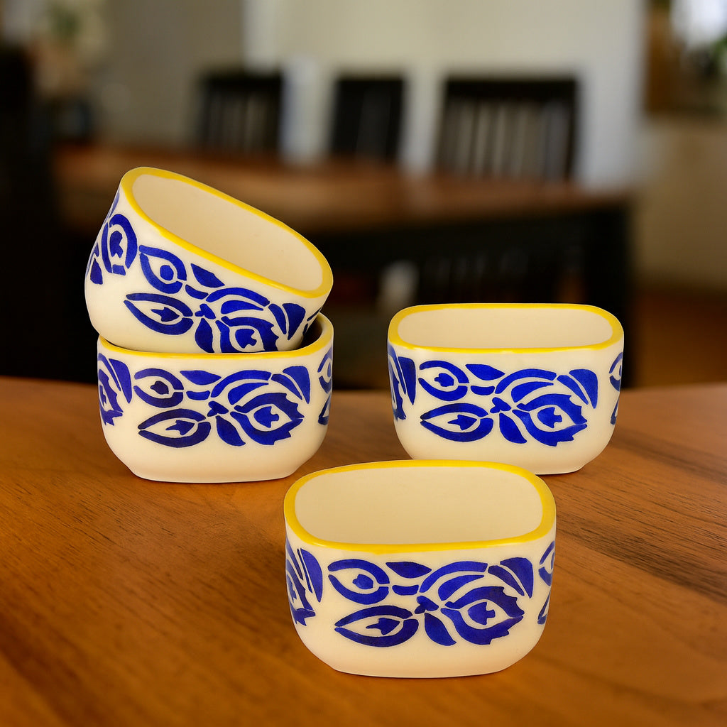 Hand-Painted Square Ceramic Dip Bowls (50 ml, Blue & Yellow, Set of 4) - View 4