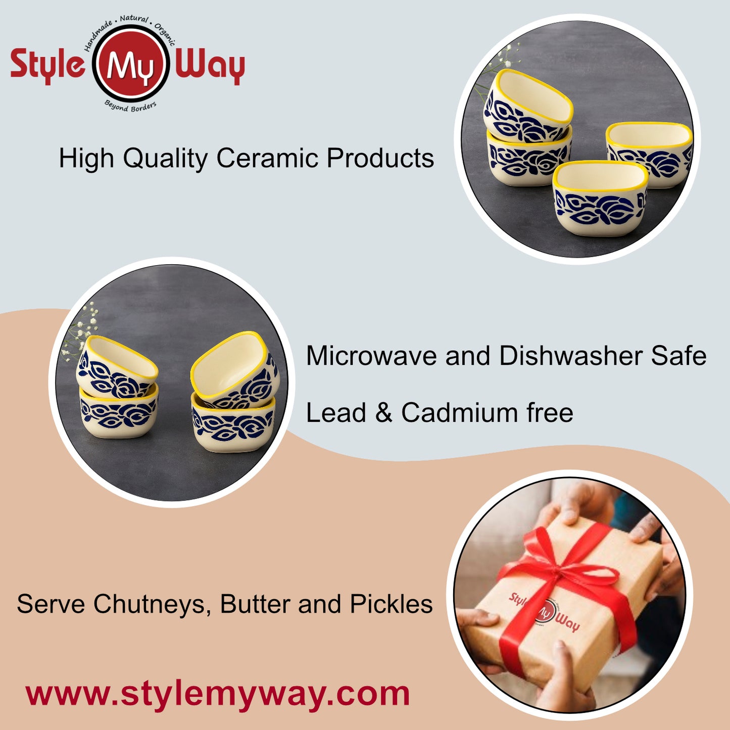 Hand-Painted Square Ceramic Dip Bowls (50 ml, Blue & Yellow, Set of 4) - View 5