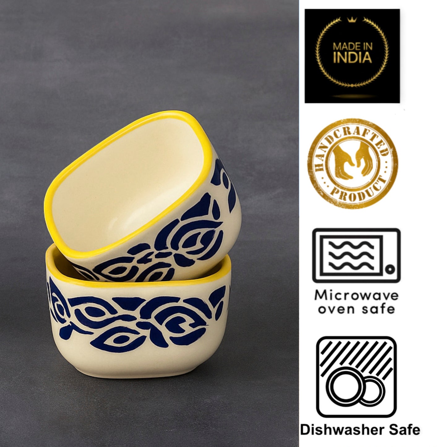Hand-Painted Square Ceramic Dip Bowls (50 ml, Blue & Yellow, Set of 4) - View 6