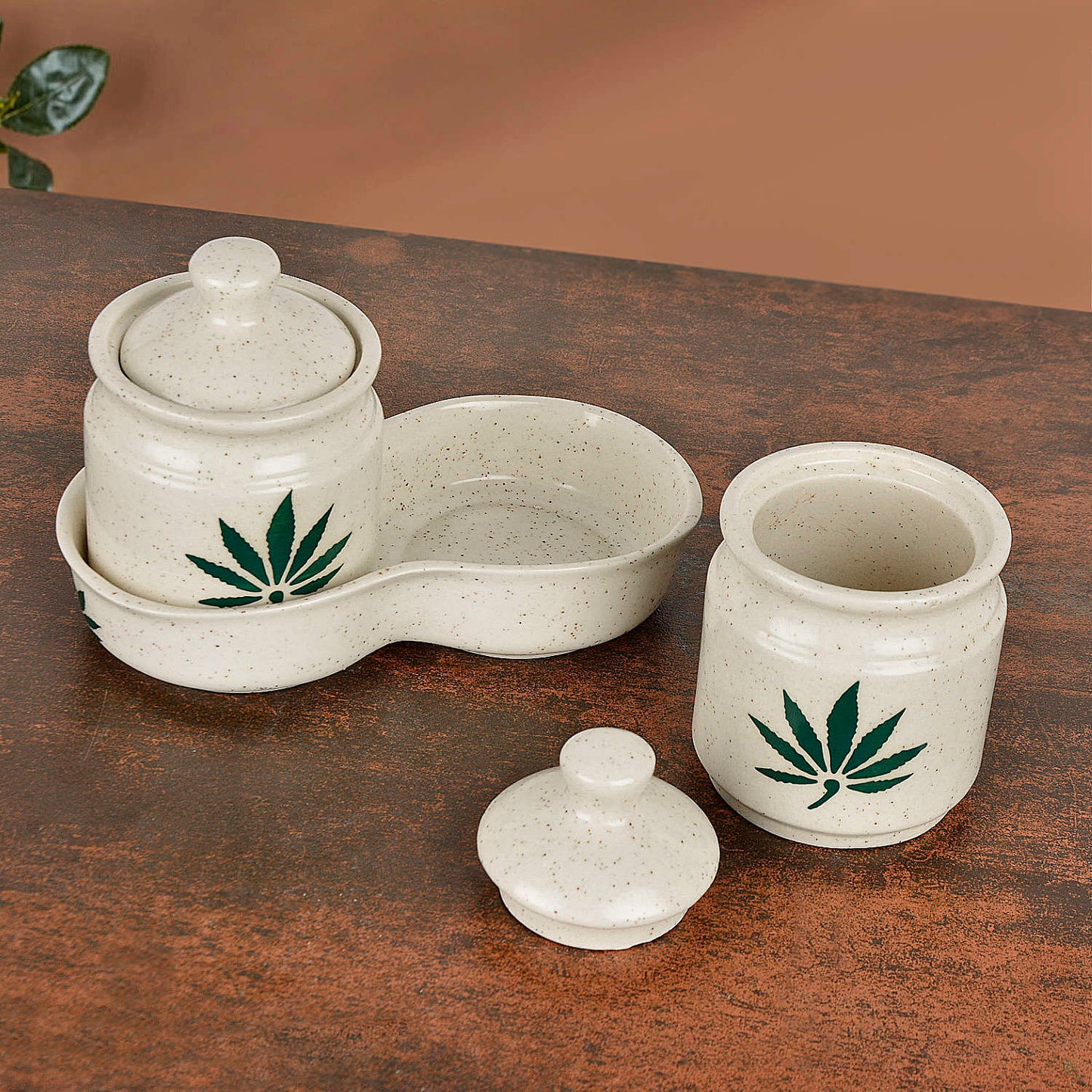 Hand Painted Green Leaf Ceramic Pickle Jar Set with Tray (Set of 2, Off White and Green, 250 ml each)