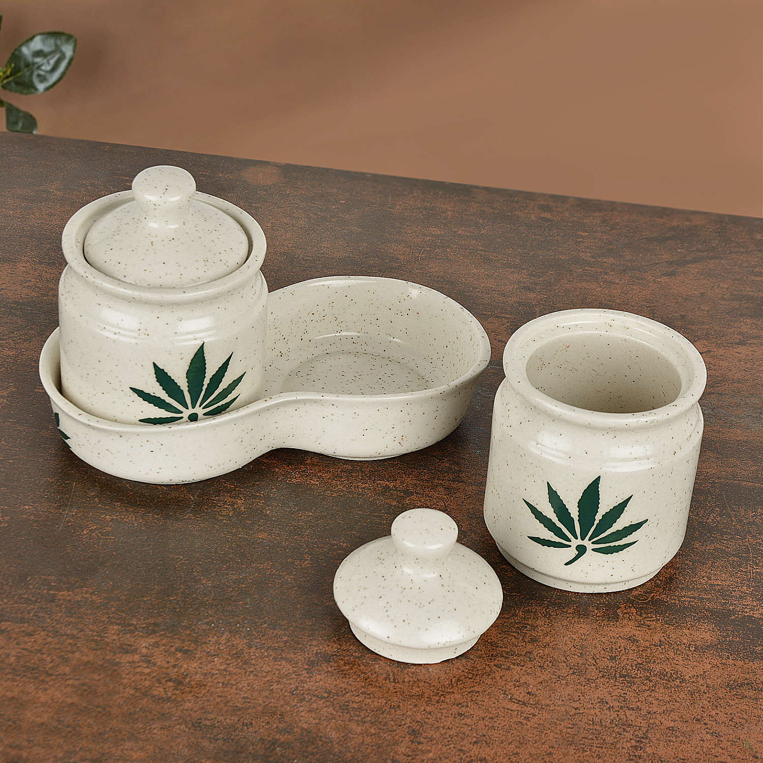 Hand Painted Green Leaf Ceramic Pickle Jar Set with Tray (Set of 2, Off White and Green, 250 ml each)