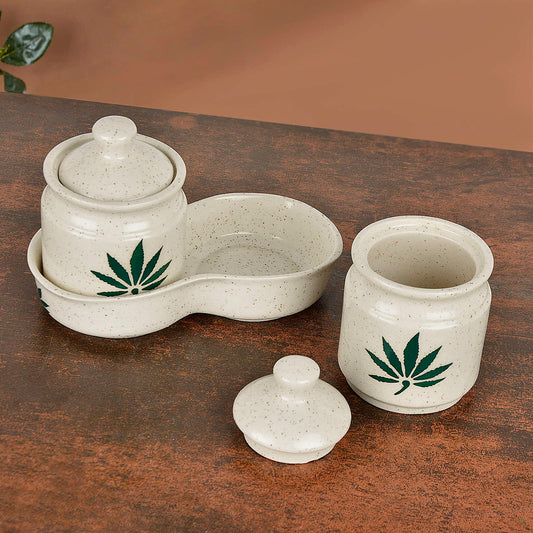 Hand Painted Green Leaf Ceramic Pickle Jar Set with Tray (Set of 2, Off White and Green, 250 ml each)