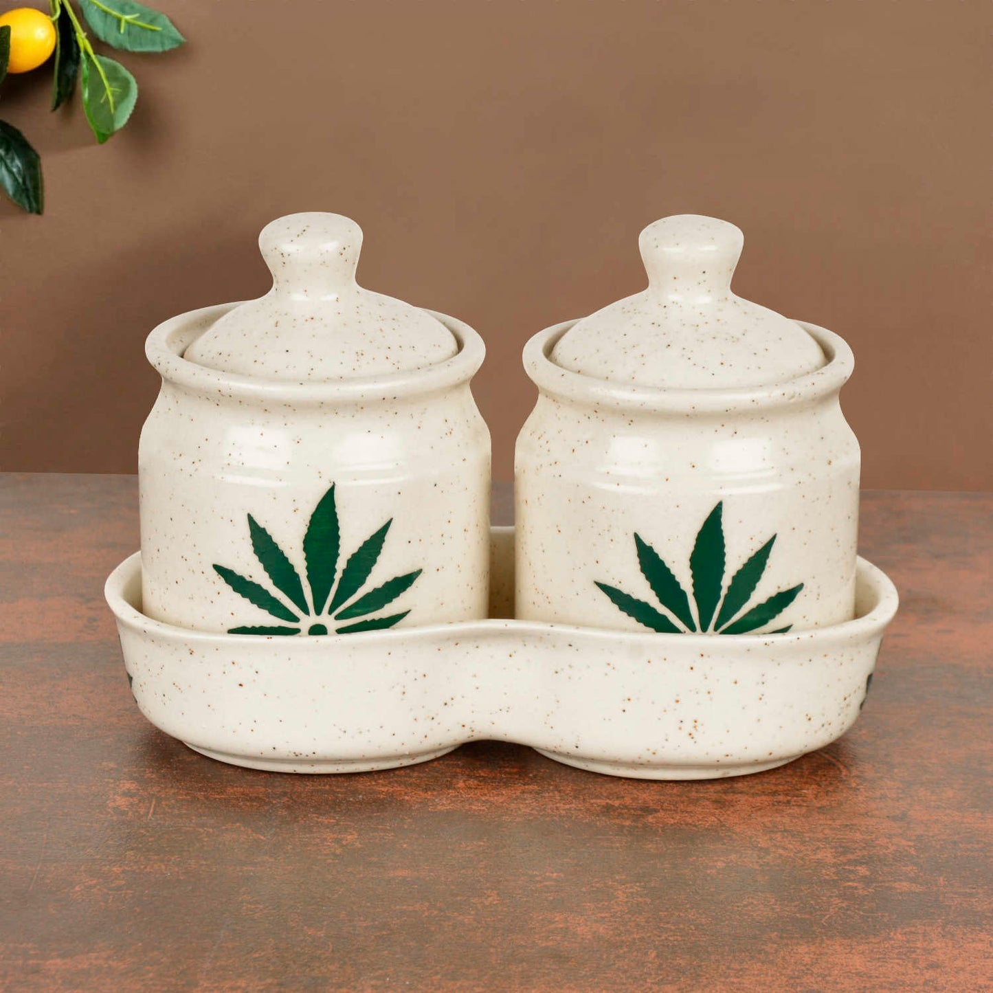 Hand Painted Green Leaf Ceramic Pickle Jar Set with Tray (Set of 2, Off White and Green, 250 ml each) - View 3