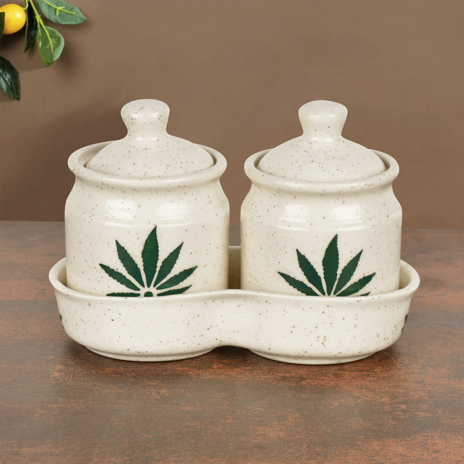 Hand Painted Green Leaf Ceramic Pickle Jar Set with Tray (Set of 2, Off White and Green, 250 ml each) - View 3