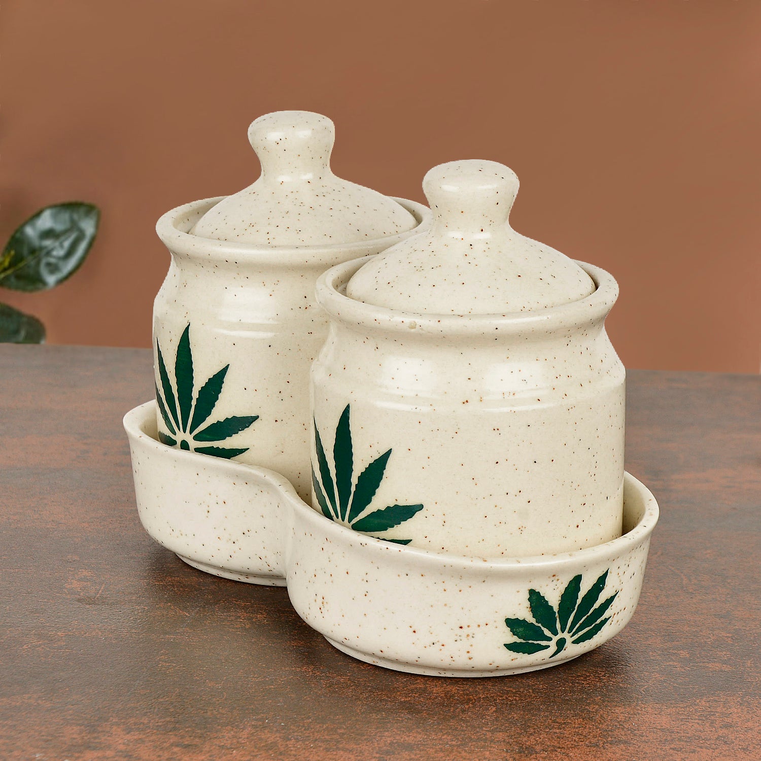 Hand Painted Green Leaf Ceramic Pickle Jar Set with Tray (Set of 2, Off White and Green, 250 ml each) - View 4
