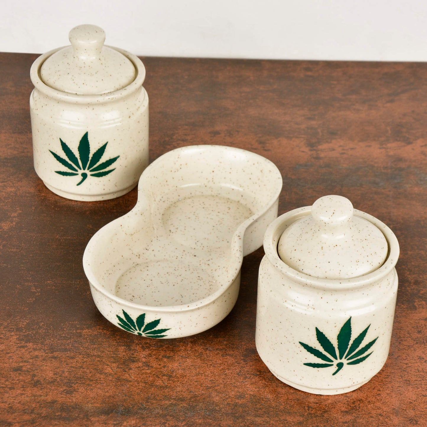 Hand Painted Green Leaf Ceramic Pickle Jar Set with Tray (Set of 2, Off White and Green, 250 ml each) - View 5