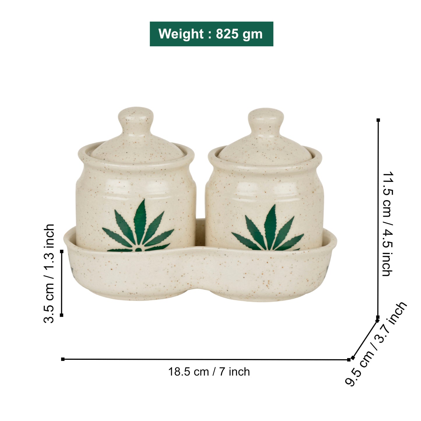 Hand Painted Green Leaf Ceramic Pickle Jar Set with Tray (Set of 2, Off White and Green, 250 ml each) - View 2