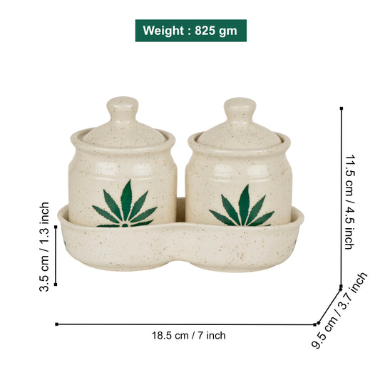 Hand Painted Green Leaf Ceramic Pickle Jar Set with Tray (Set of 2, Off White and Green, 250 ml each) - View 2