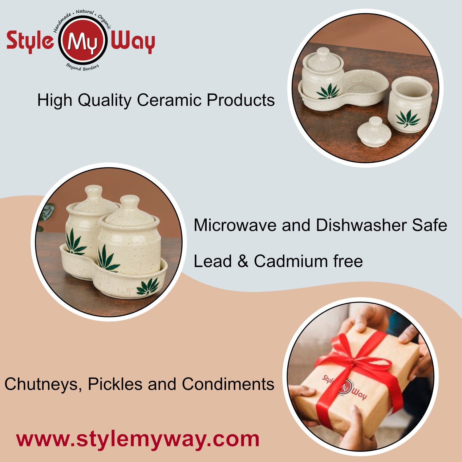 Hand Painted Green Leaf Ceramic Pickle Jar Set with Tray (Set of 2, Off White and Green, 250 ml each) - View 6