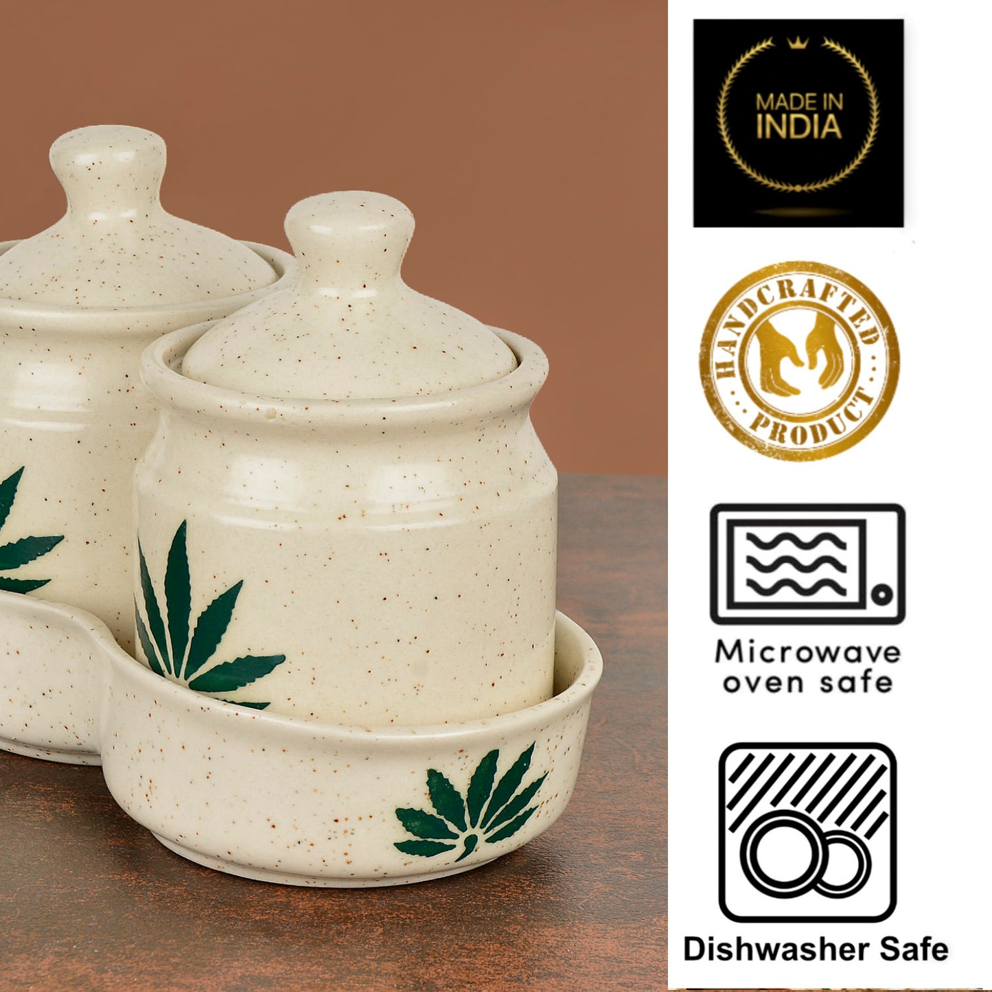 Hand Painted Green Leaf Ceramic Pickle Jar Set with Tray (Set of 2, Off White and Green, 250 ml each) - View 7