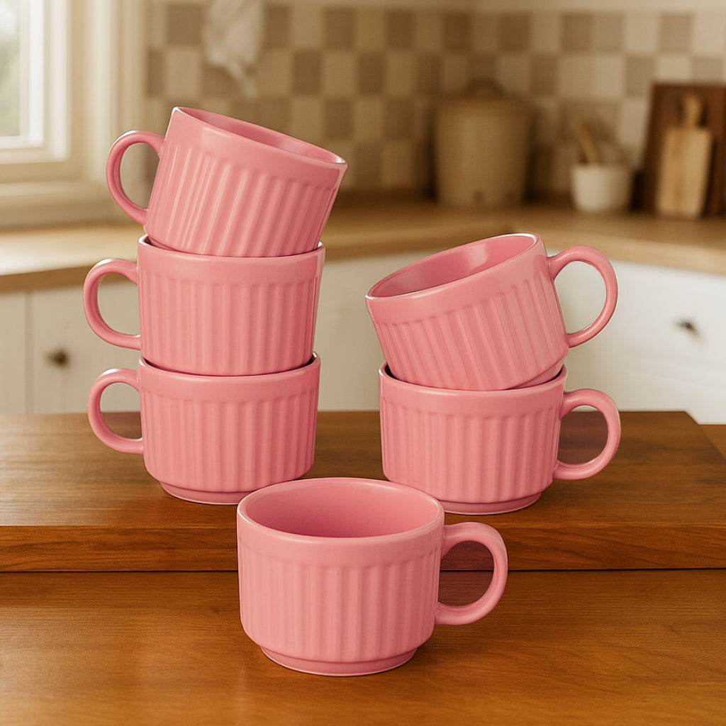 Studio Pottery Stackable Ribbed Ceramic Coffee Mugs (200 ml, Set of 6, Pastel Pink)