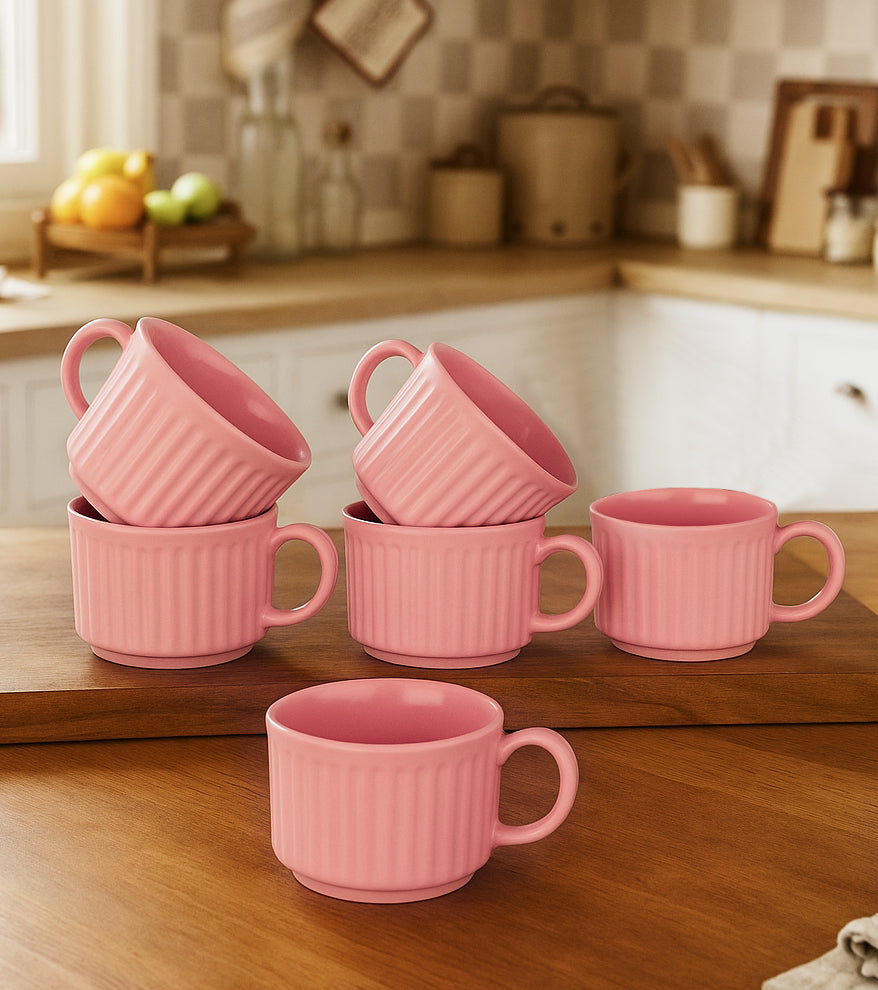 Studio Pottery Stackable Ribbed Ceramic Coffee Mugs (200 ml, Set of 6, Pastel Pink) - View 2